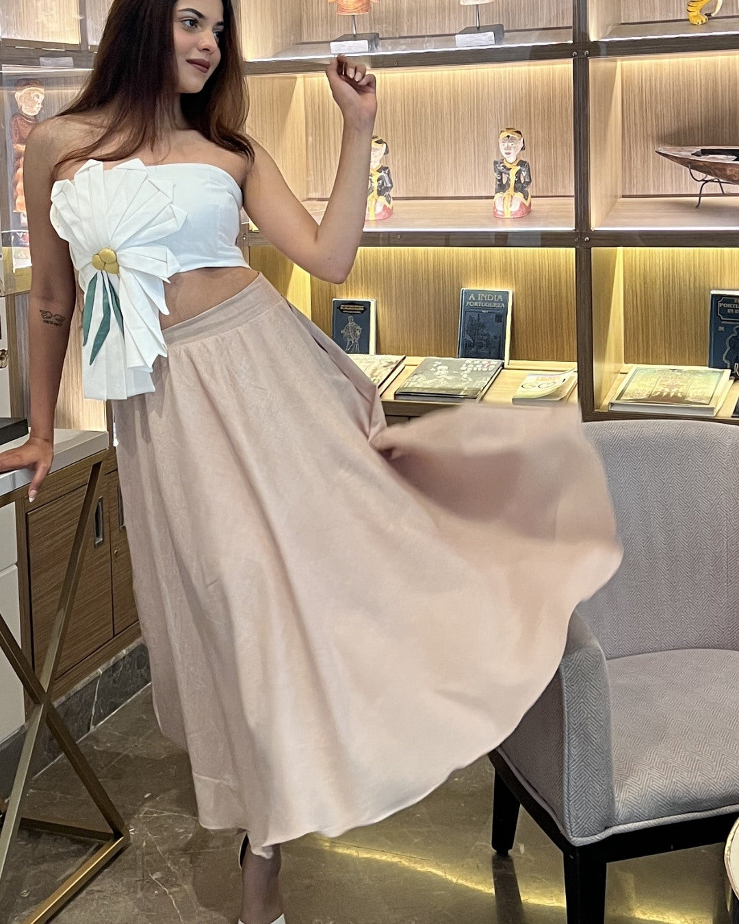 White 3D Floral  with flared skirt