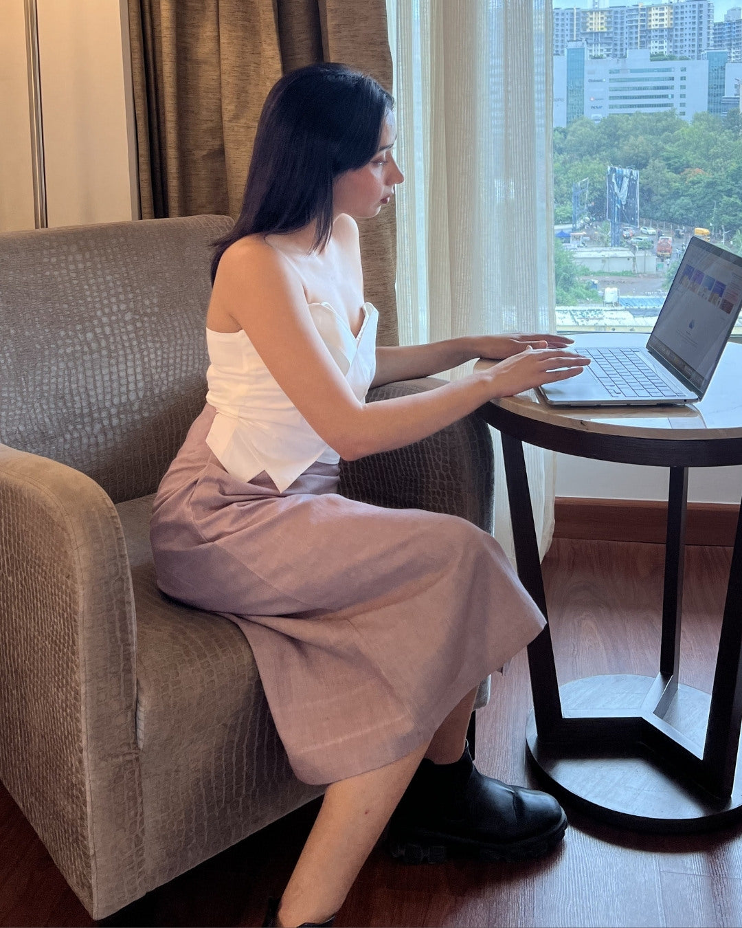 White straps top with grey khadi pencil skirt