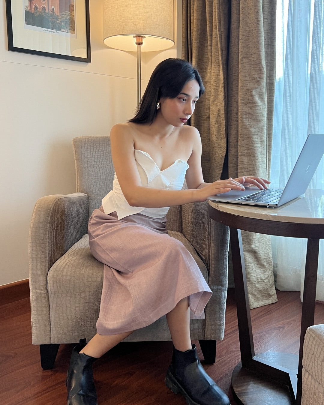 White straps top with grey khadi pencil skirt