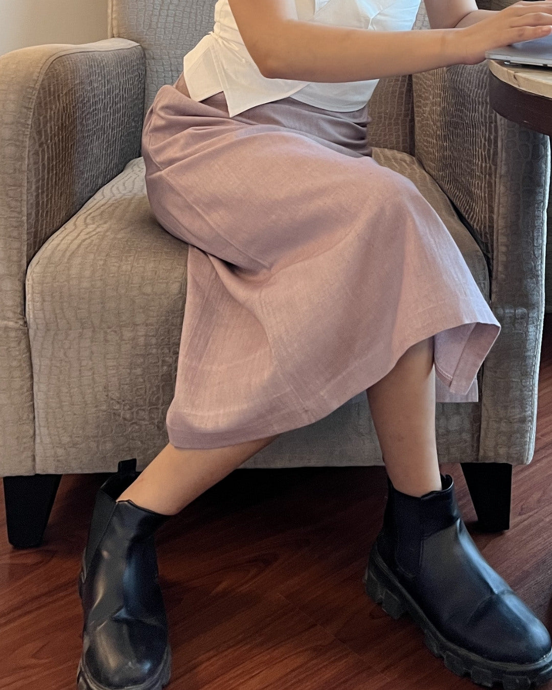 White straps top with grey khadi pencil skirt