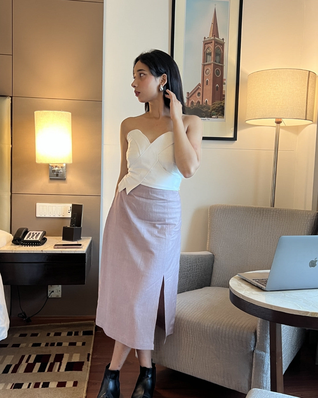 White straps top with grey khadi pencil skirt