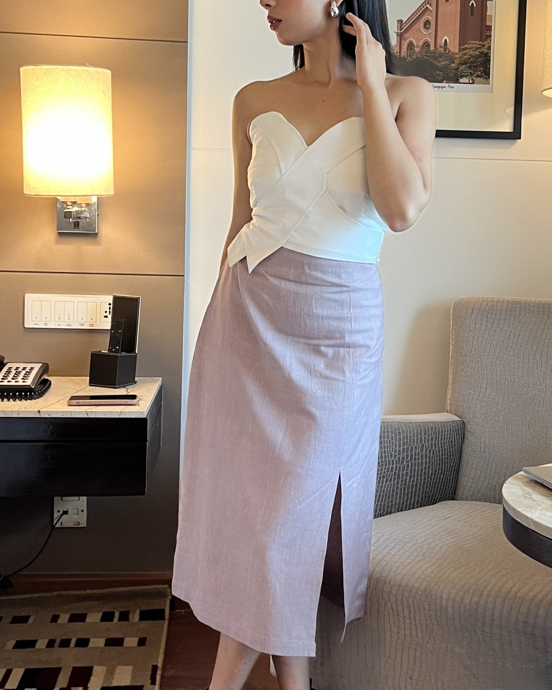 White straps top with grey khadi pencil skirt