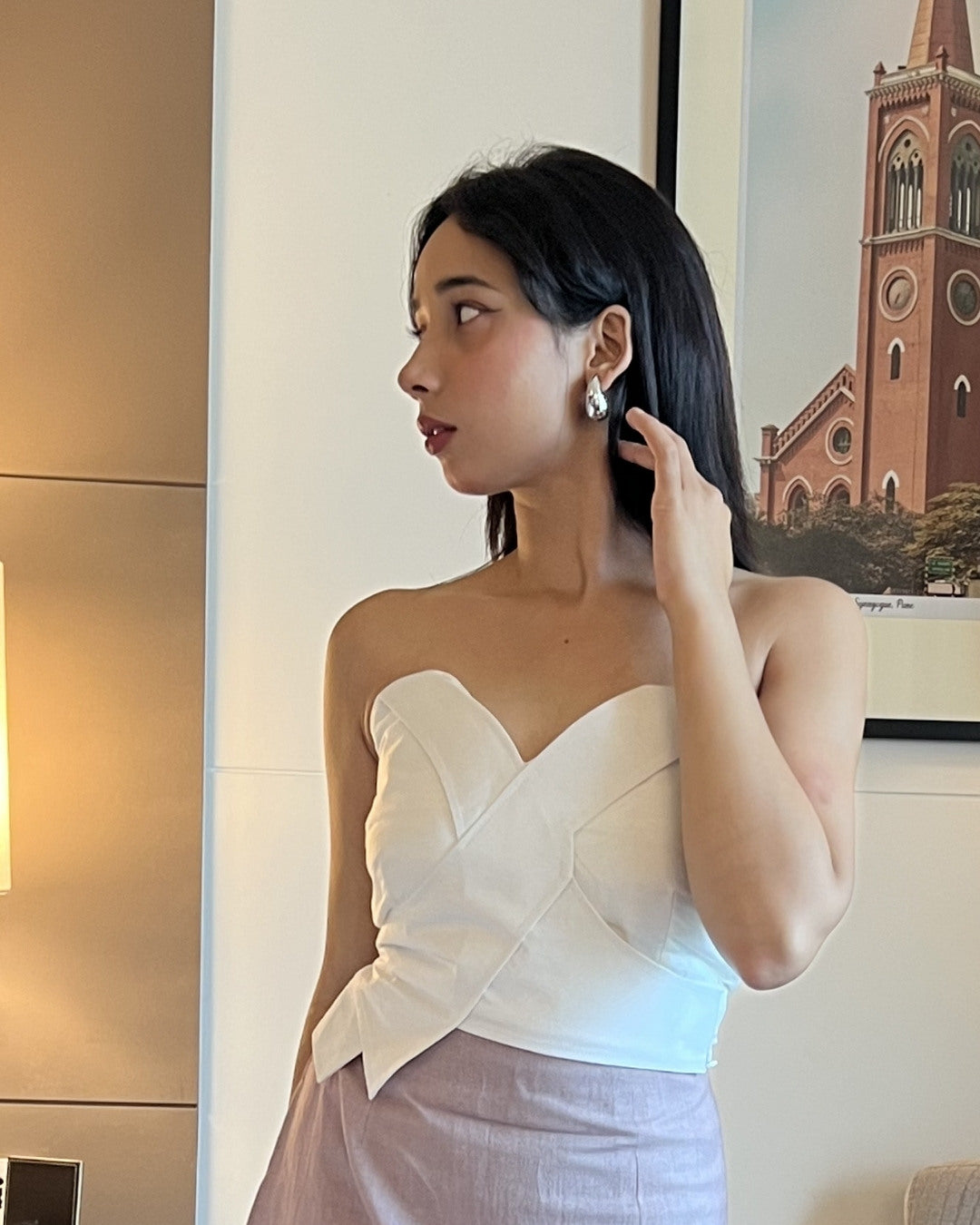 White straps top with grey khadi pencil skirt