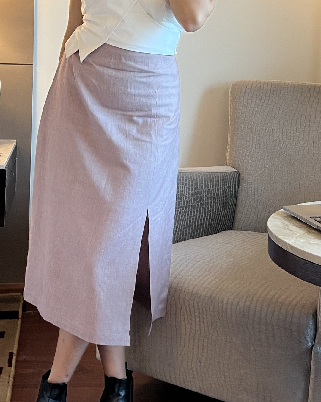 White straps top with grey khadi pencil skirt