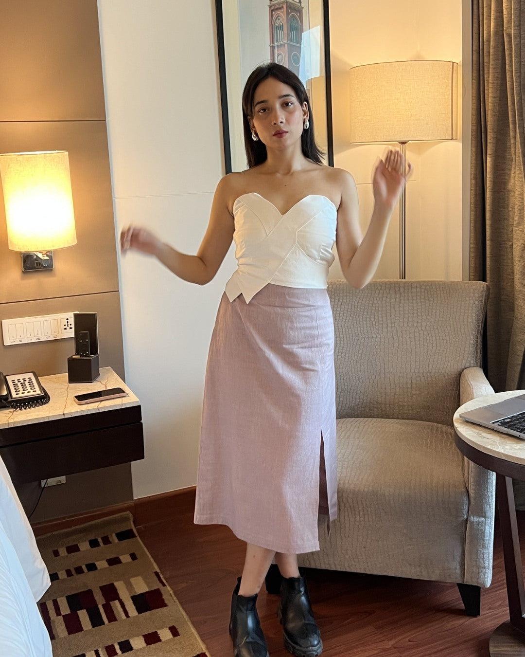 White straps top with grey khadi pencil skirt