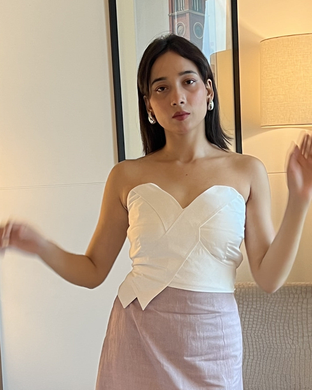 White straps top with grey khadi pencil skirt