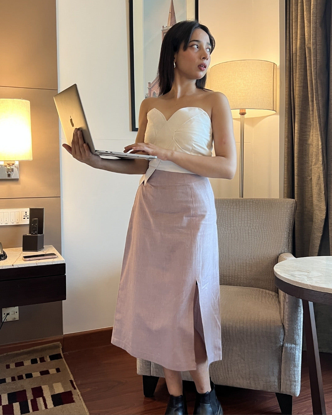 White straps top with grey khadi pencil skirt