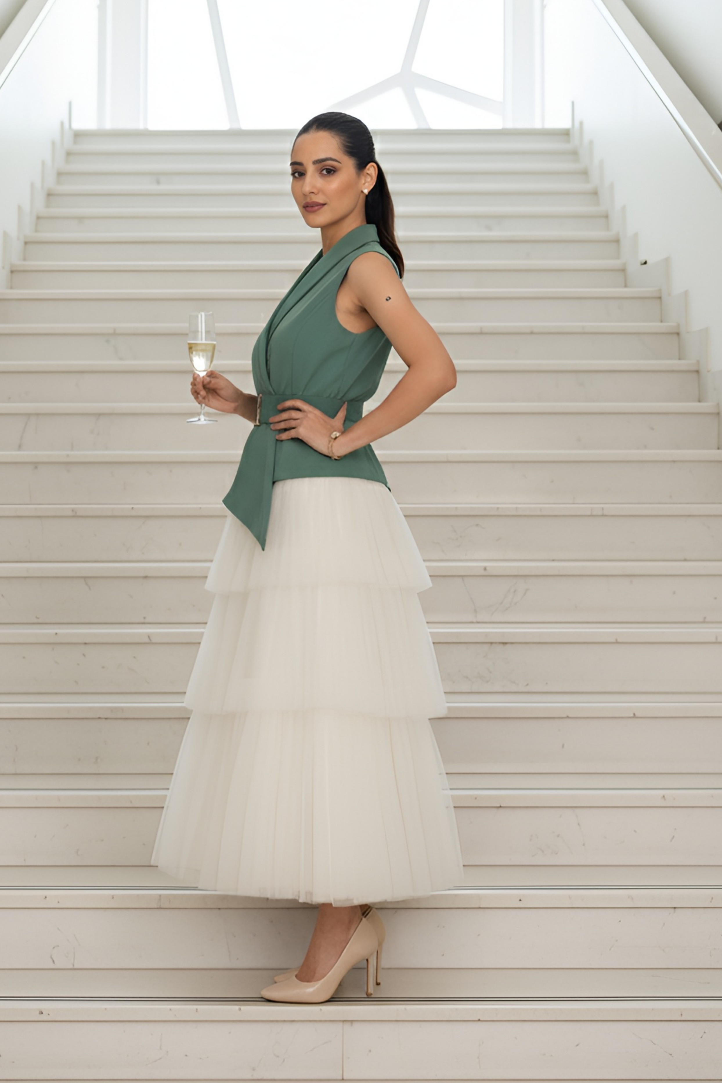 Ivory Layer Skirt & Sea-Green Waist Coat – Fresh Elegance