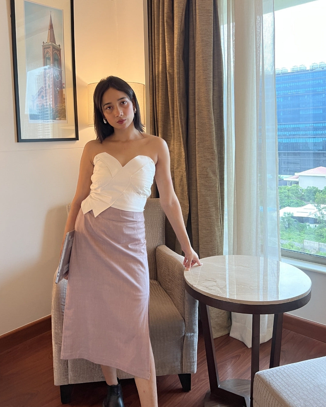 White straps top with grey khadi pencil skirt