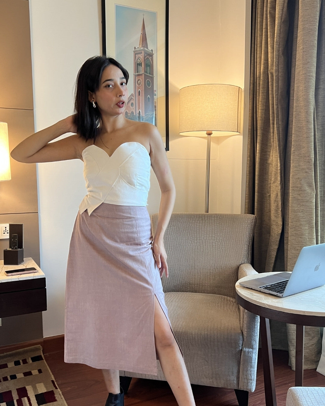 White straps top with grey khadi pencil skirt