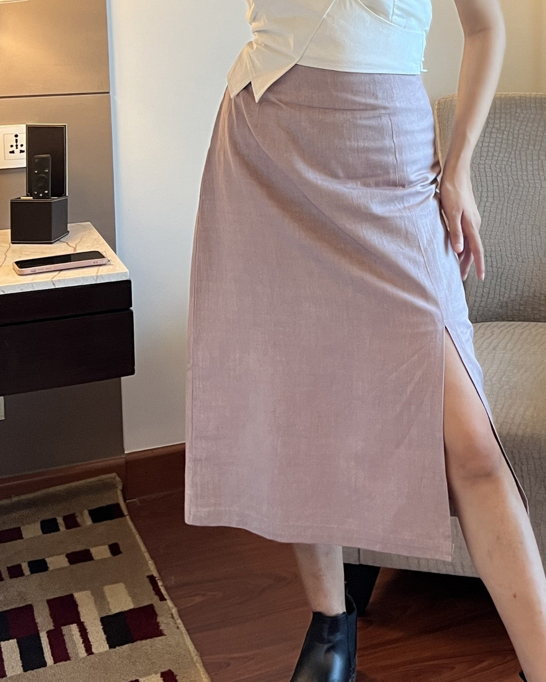 White straps top with grey khadi pencil skirt