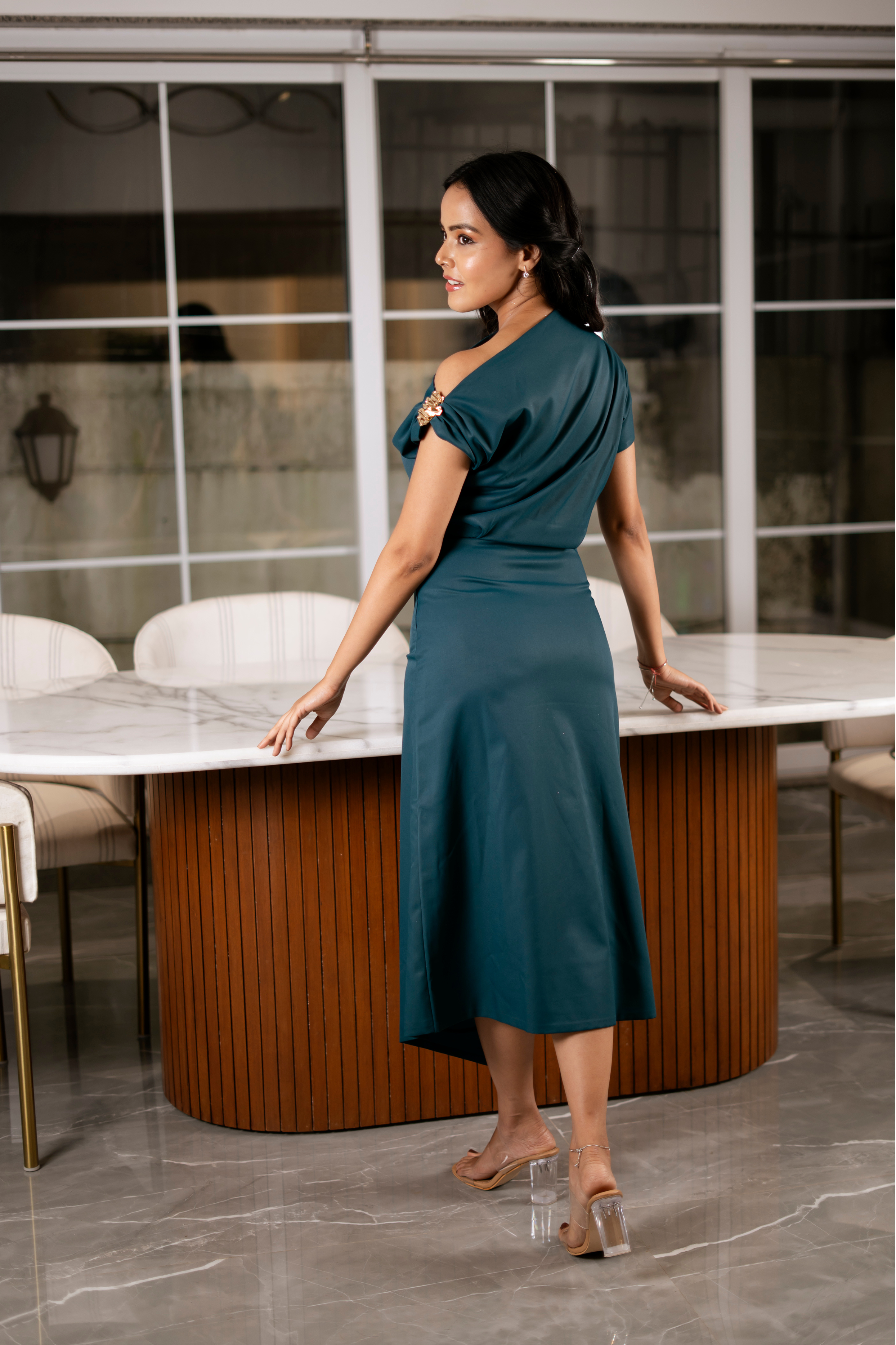 Teal One-Shoulder Draped Midi Dress