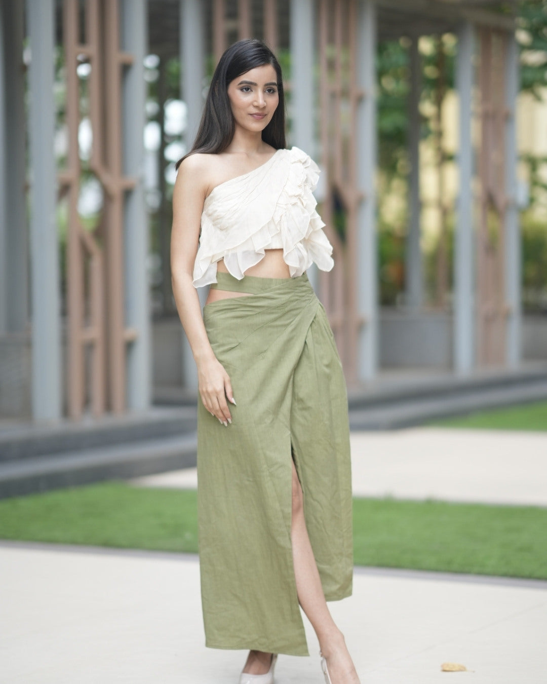 Yellow ruffle top with olive skirt
