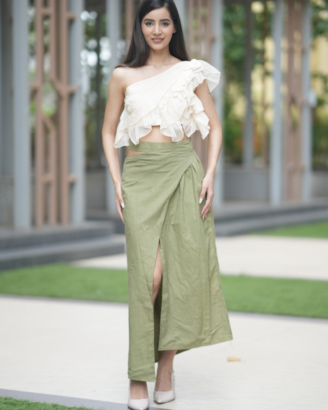 Yellow ruffle top with olive skirt