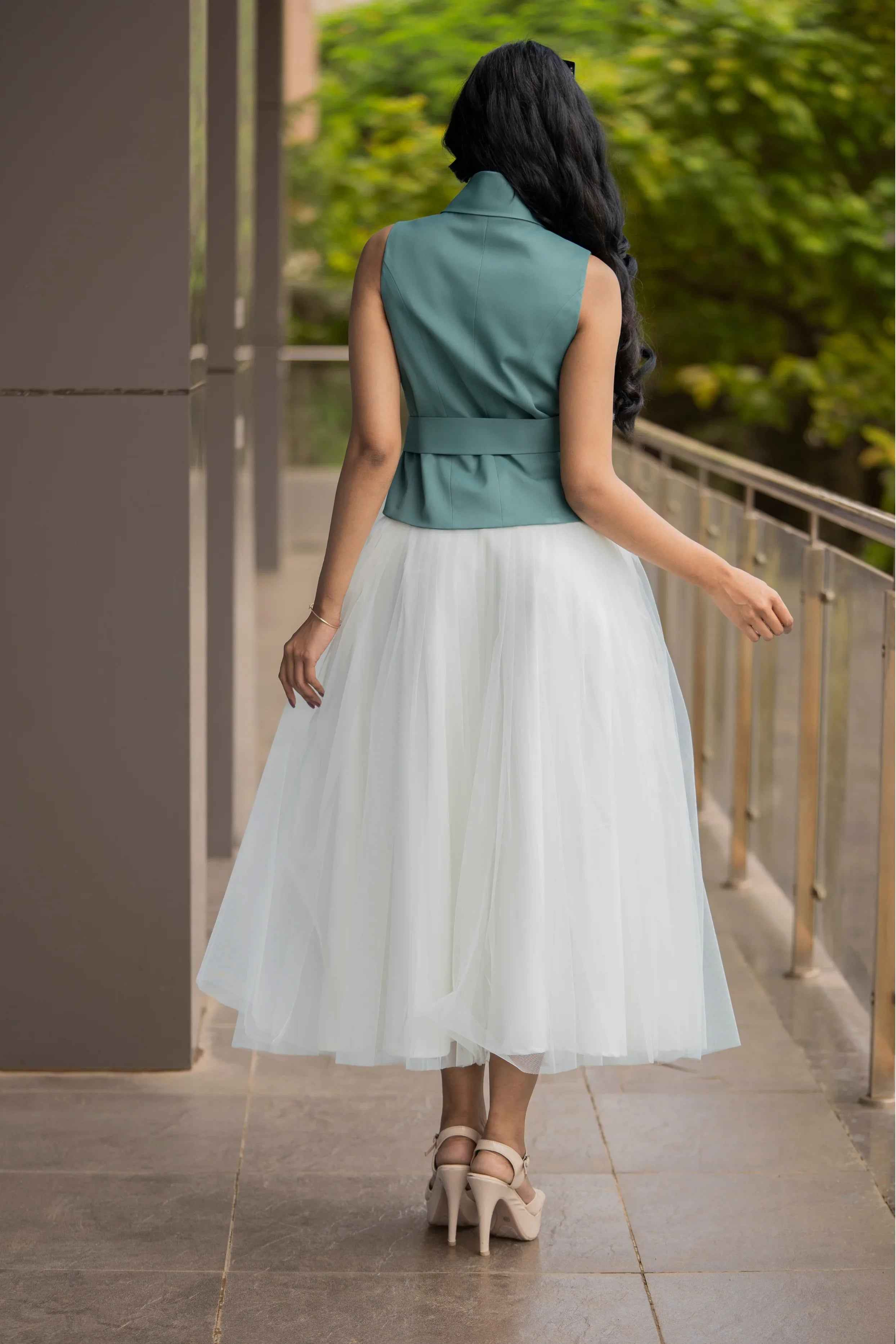 Ivory Skirt & Sea Green Waist Coat – Serene Sophistication