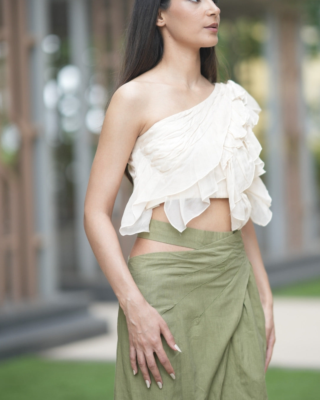 Yellow ruffle top with olive skirt