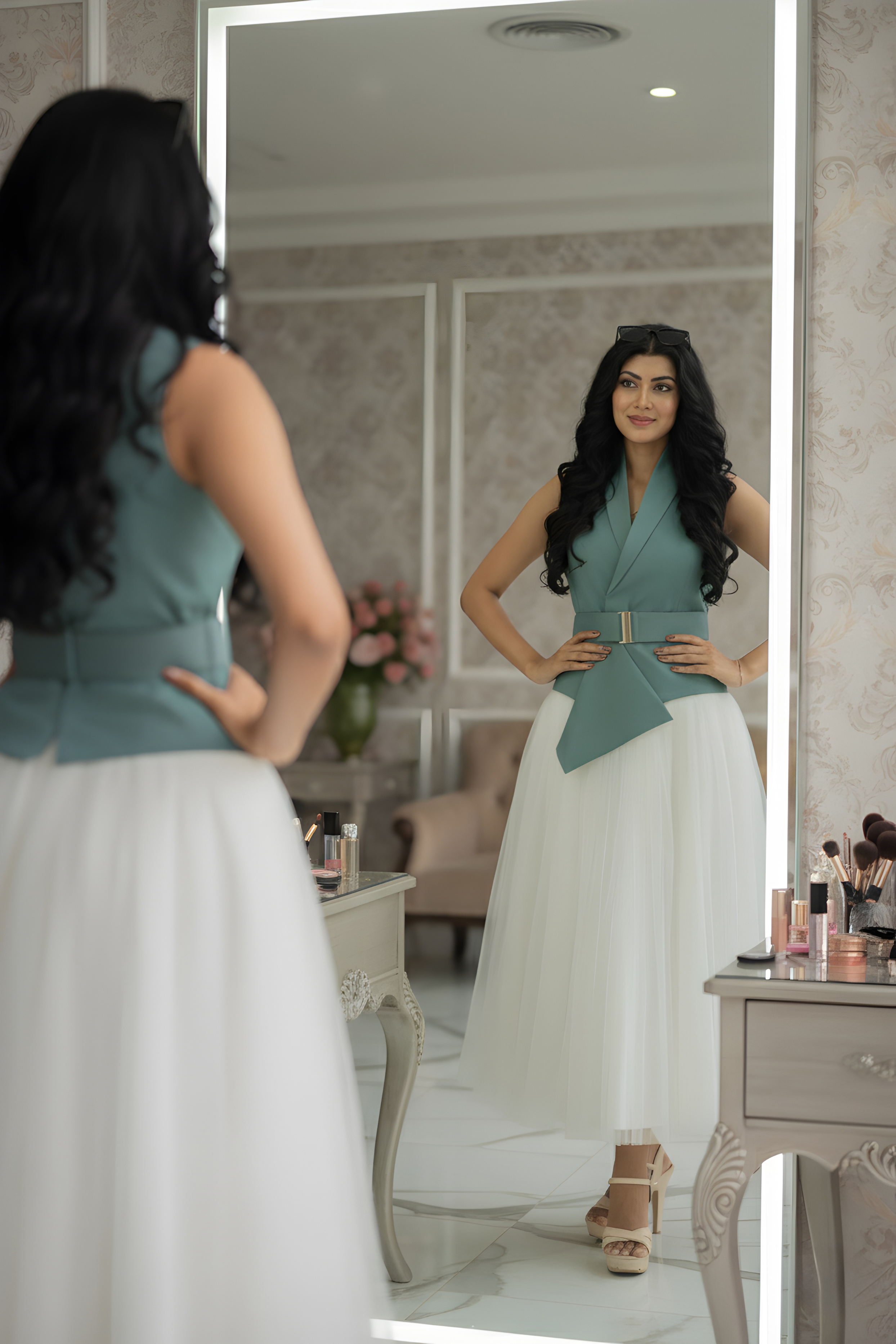 Ivory Skirt & Sea Green Waist Coat – Serene Sophistication