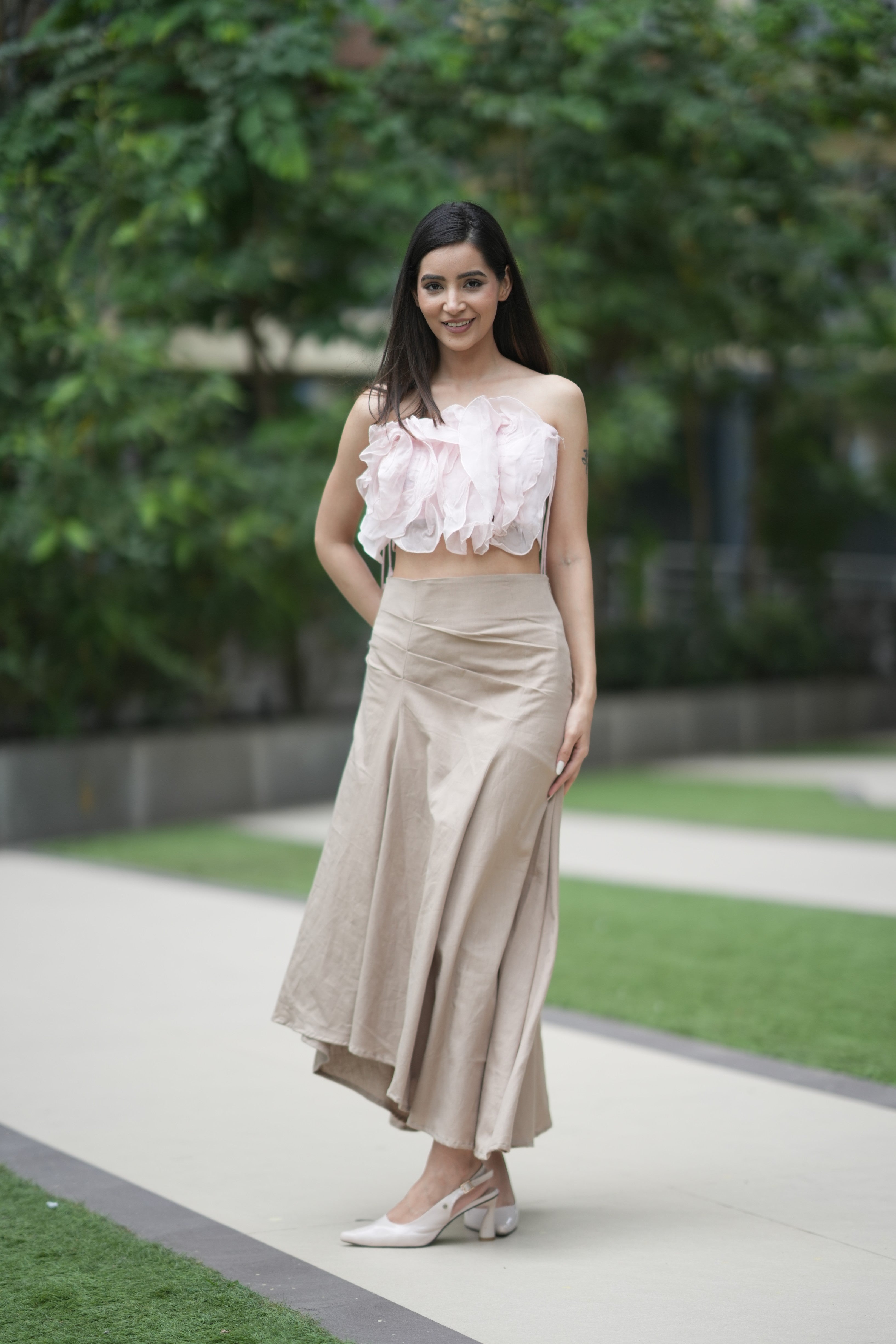 Soft Pink Ruffled Top with Long Khadi Skirt