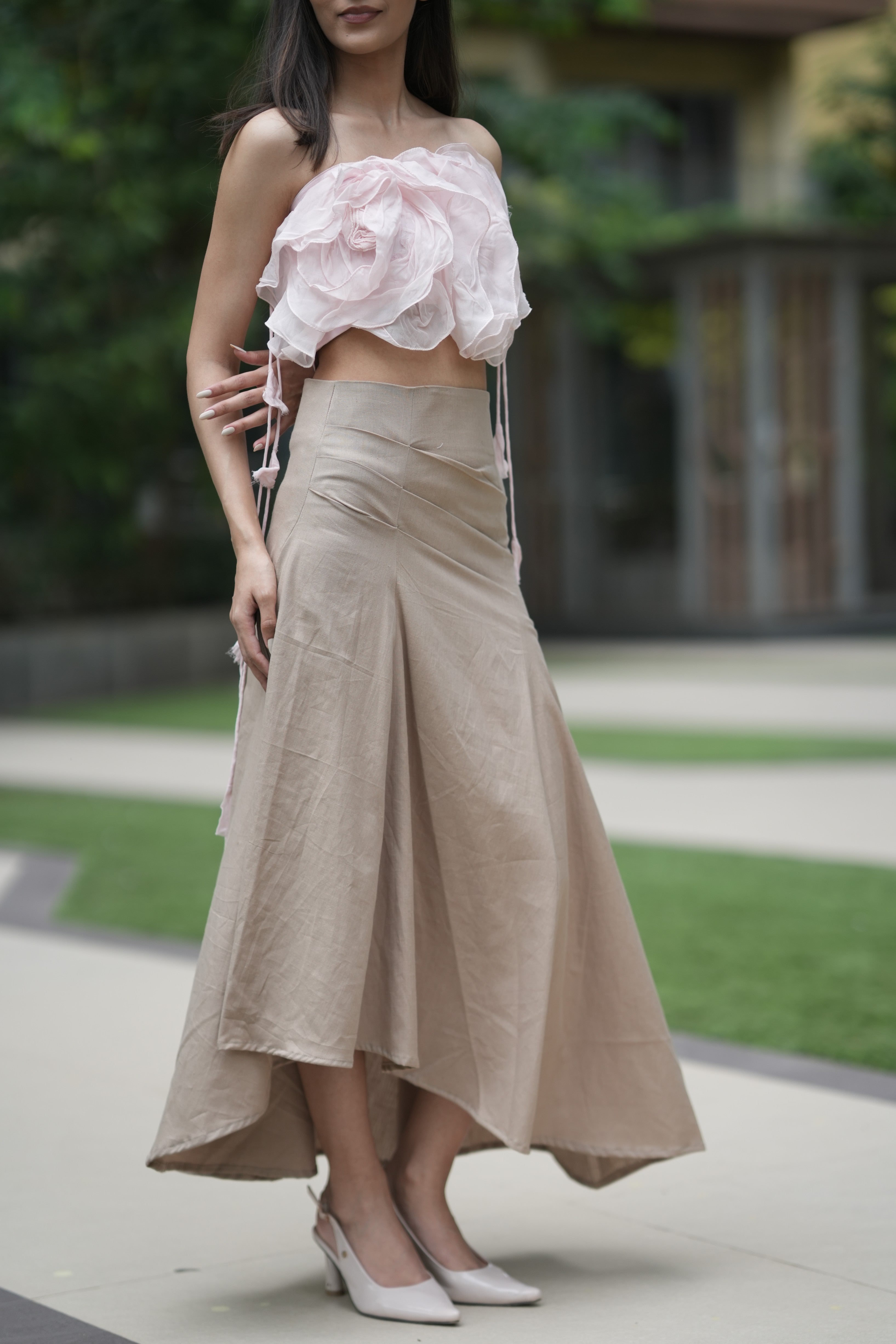 Soft Pink Ruffled Top with Long Khadi Skirt