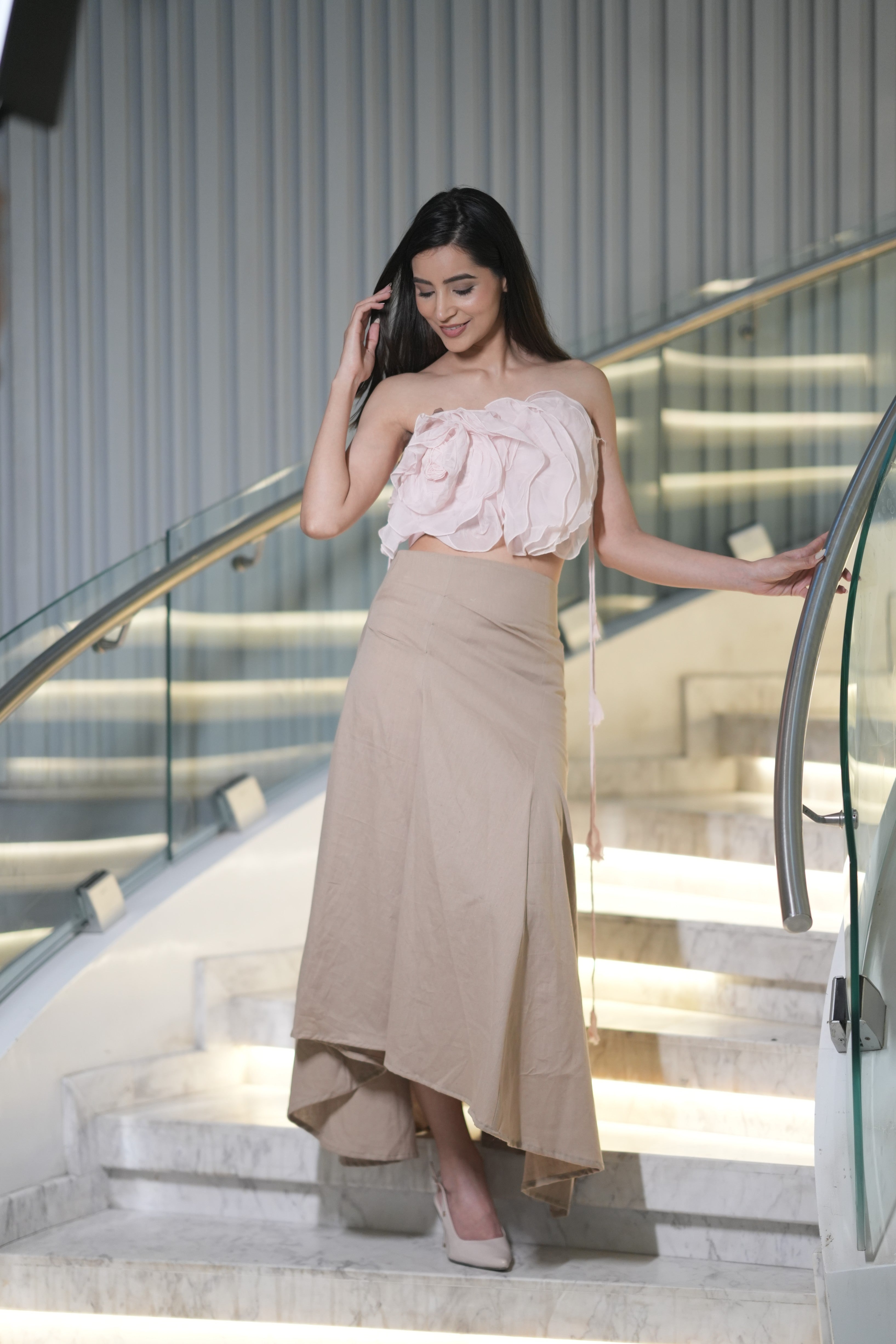 Soft Pink Ruffled Top with Long Khadi Skirt