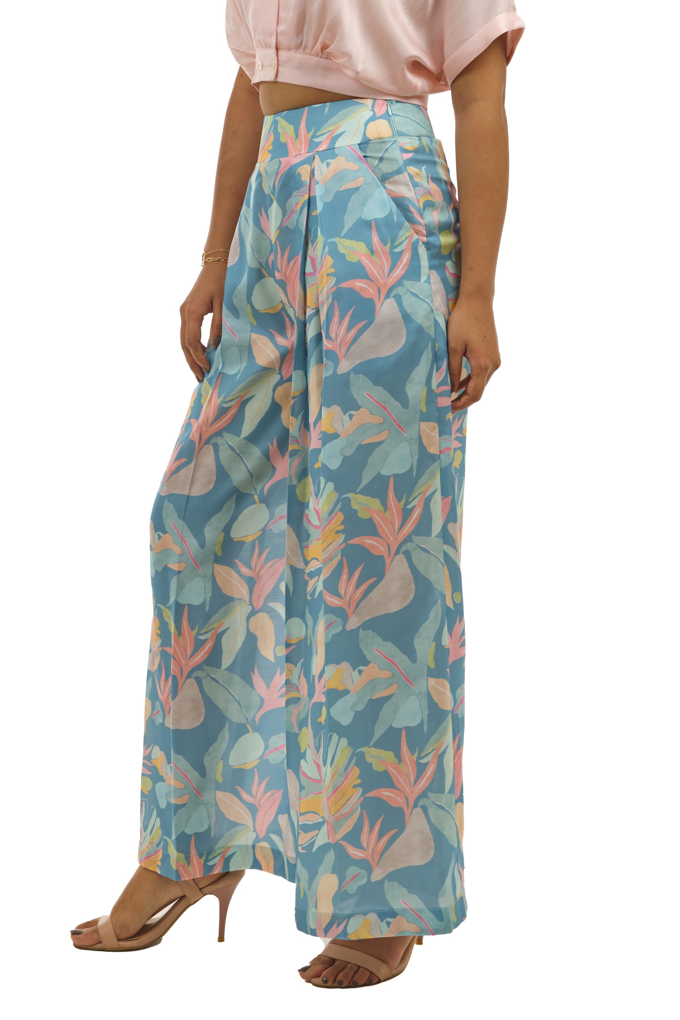 Blue Printed Pleated Pallazo
