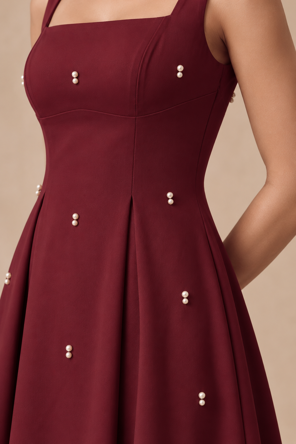 Pearl Blossom Embellished Dress – Wine