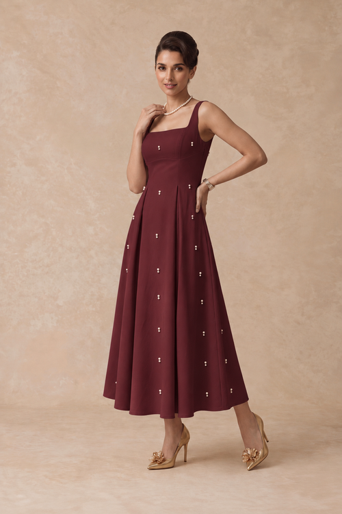 Pearl Blossom Embellished Dress – Wine