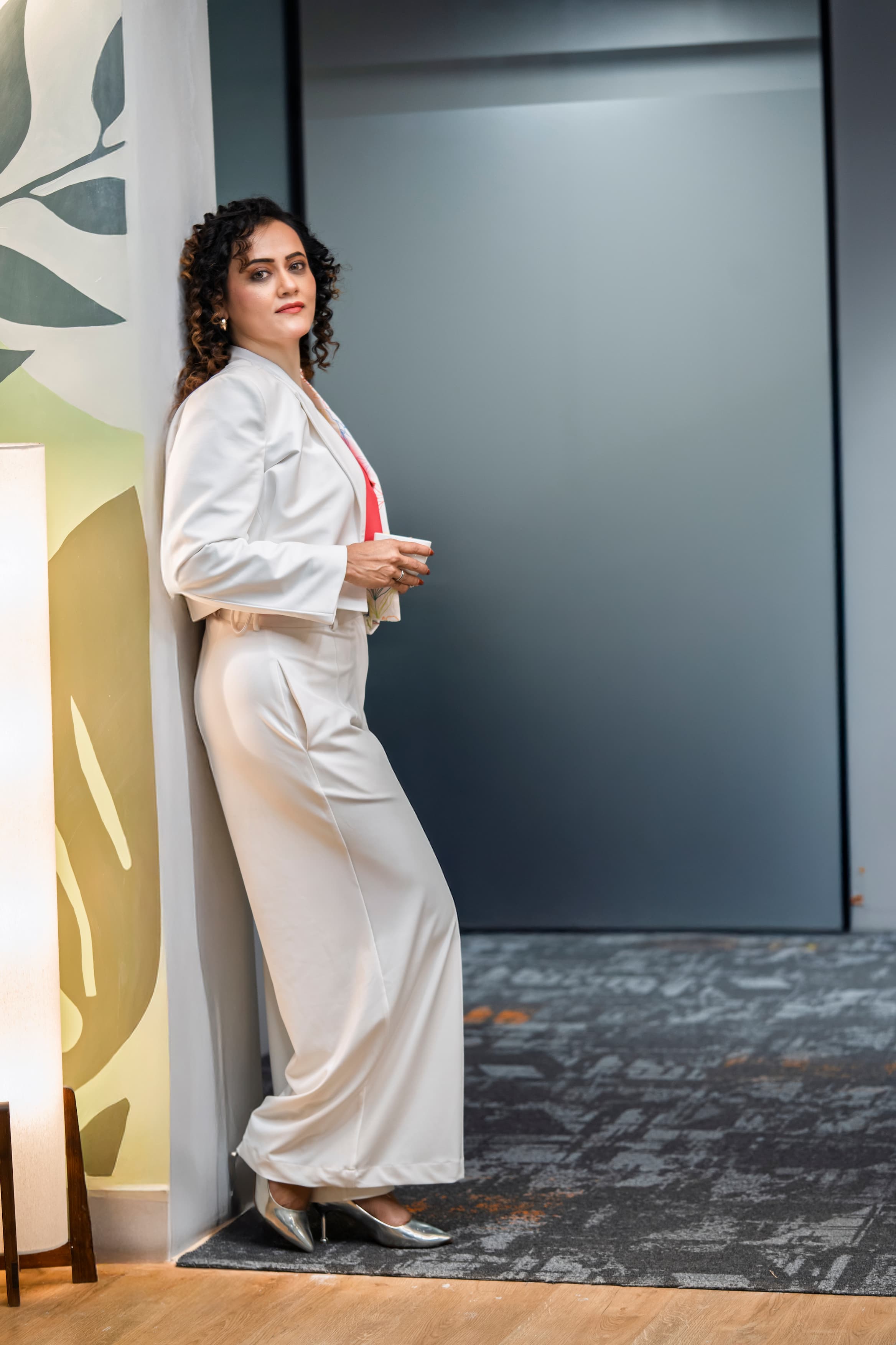 Jacket Set - Ivory Pants, Printed Jacket & Coral Top
