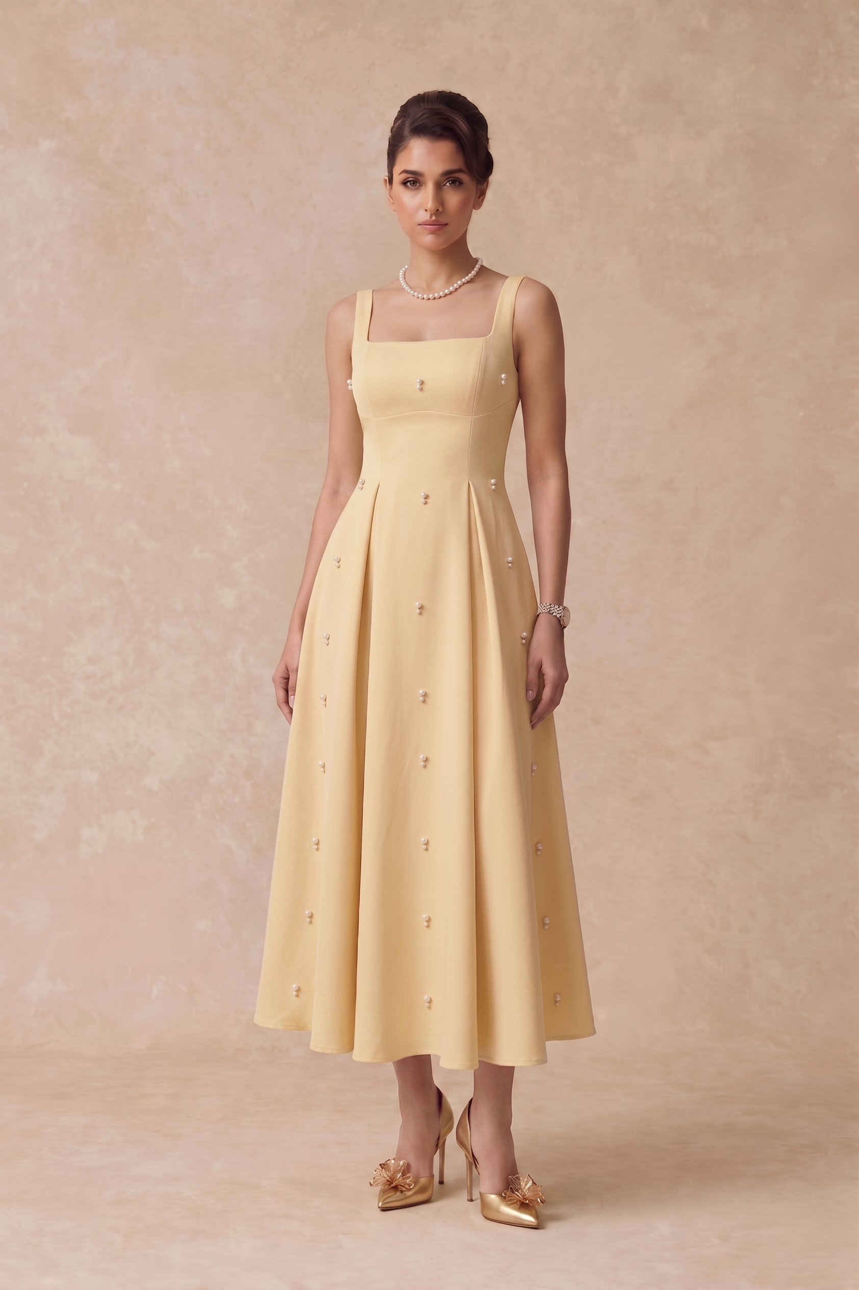 Pearl Blossom Embellished Dress – Baby Yellow