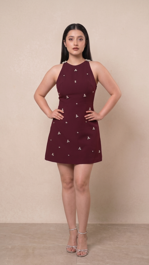 Starlight Embellished Mini Dress - Wine