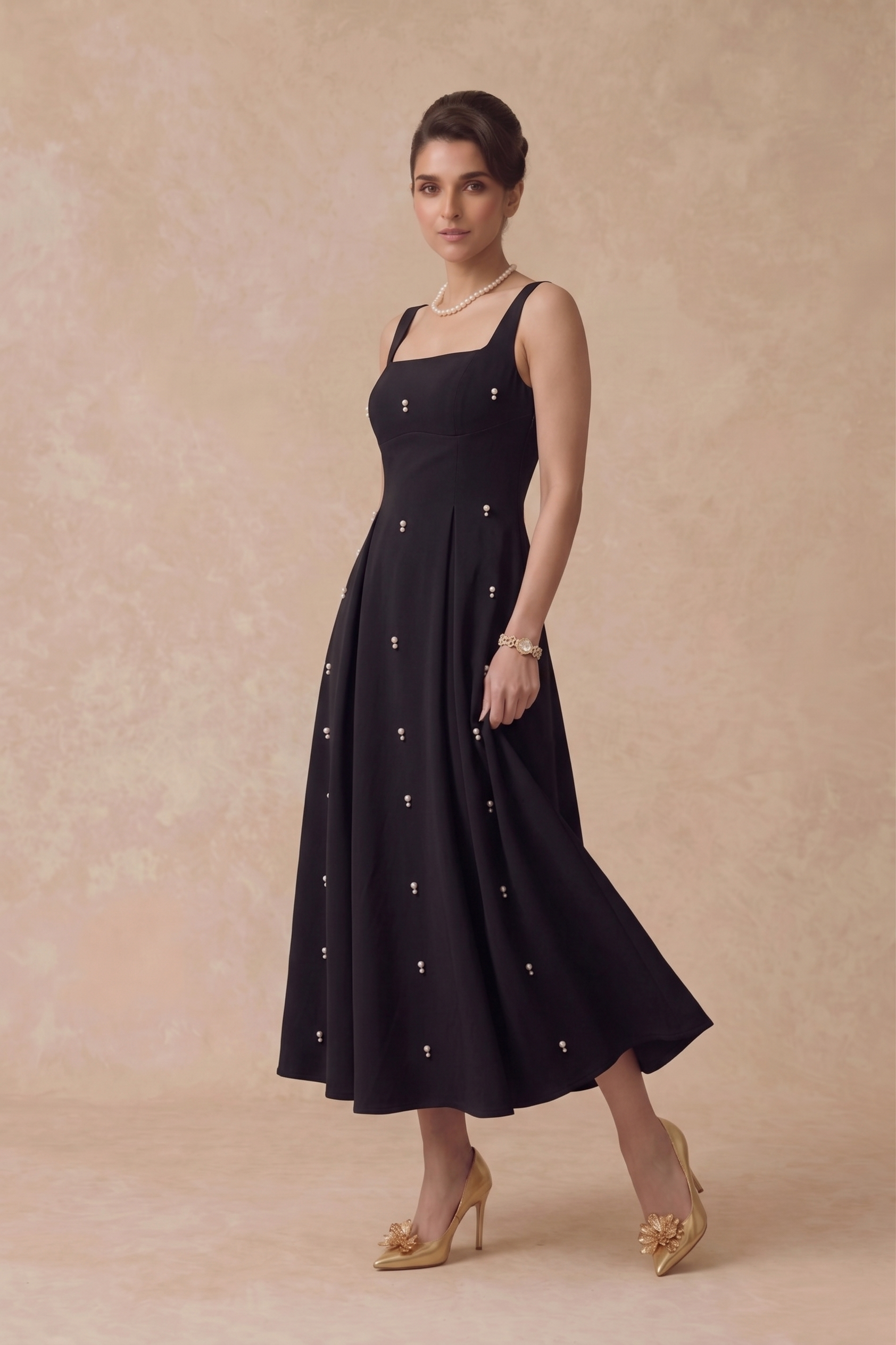 Pearl Blossom Embellished Dress – Black