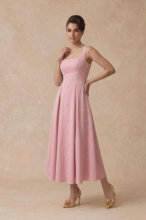 Pearl Blossom Embellished Dress – Blush Pink