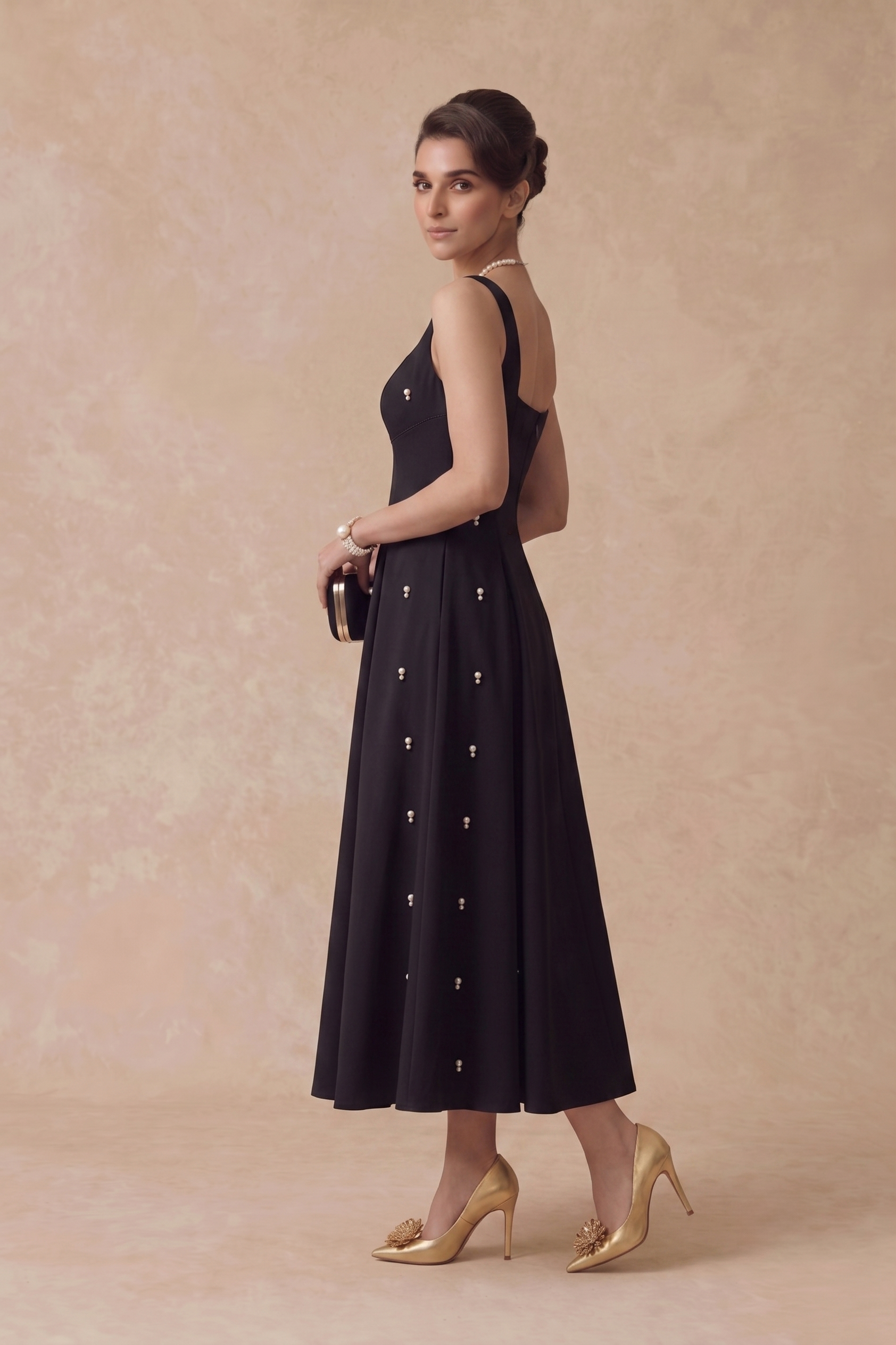 Pearl Blossom Embellished Dress – Black