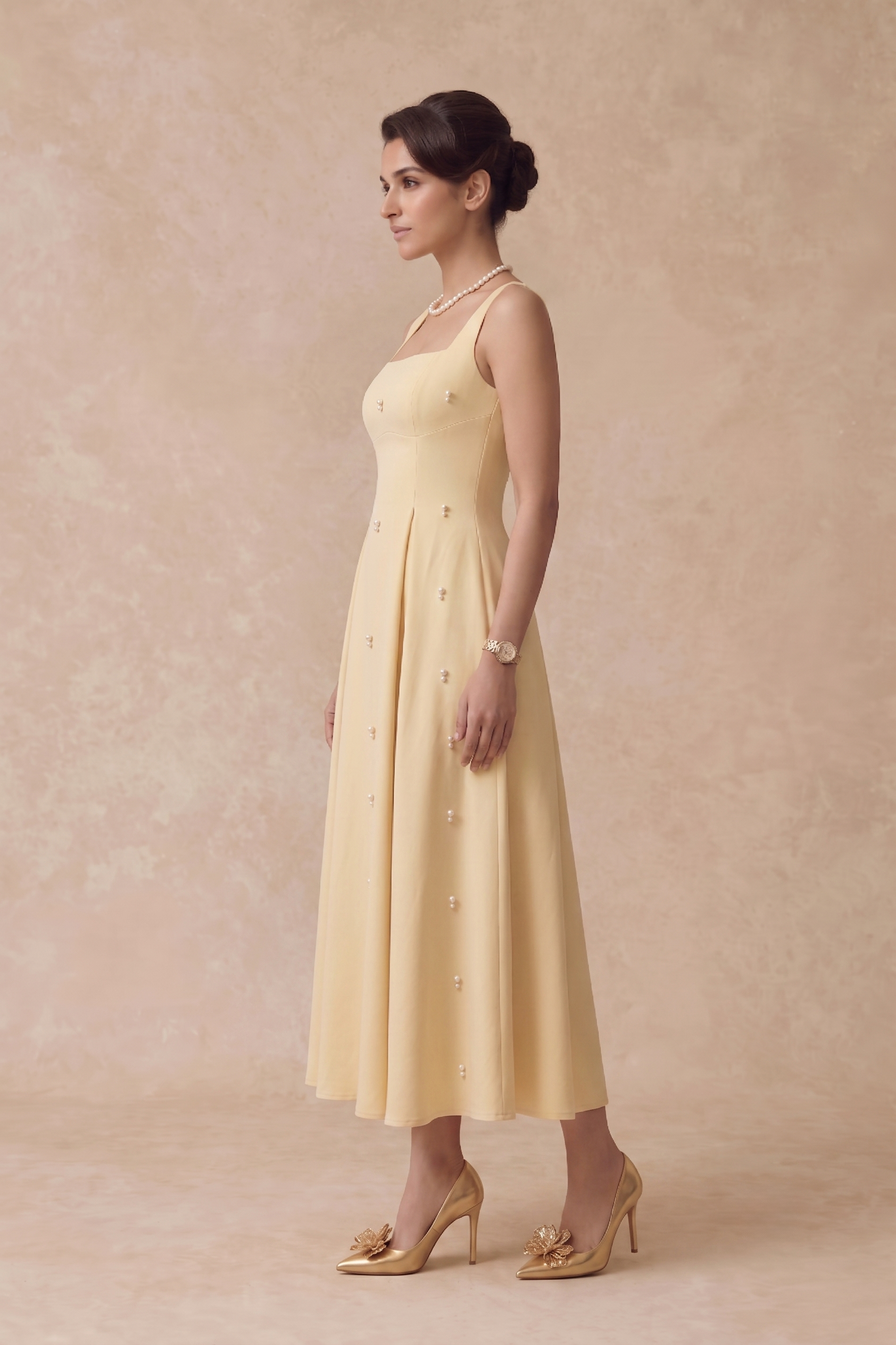 Pearl Blossom Embellished Dress – Baby Yellow