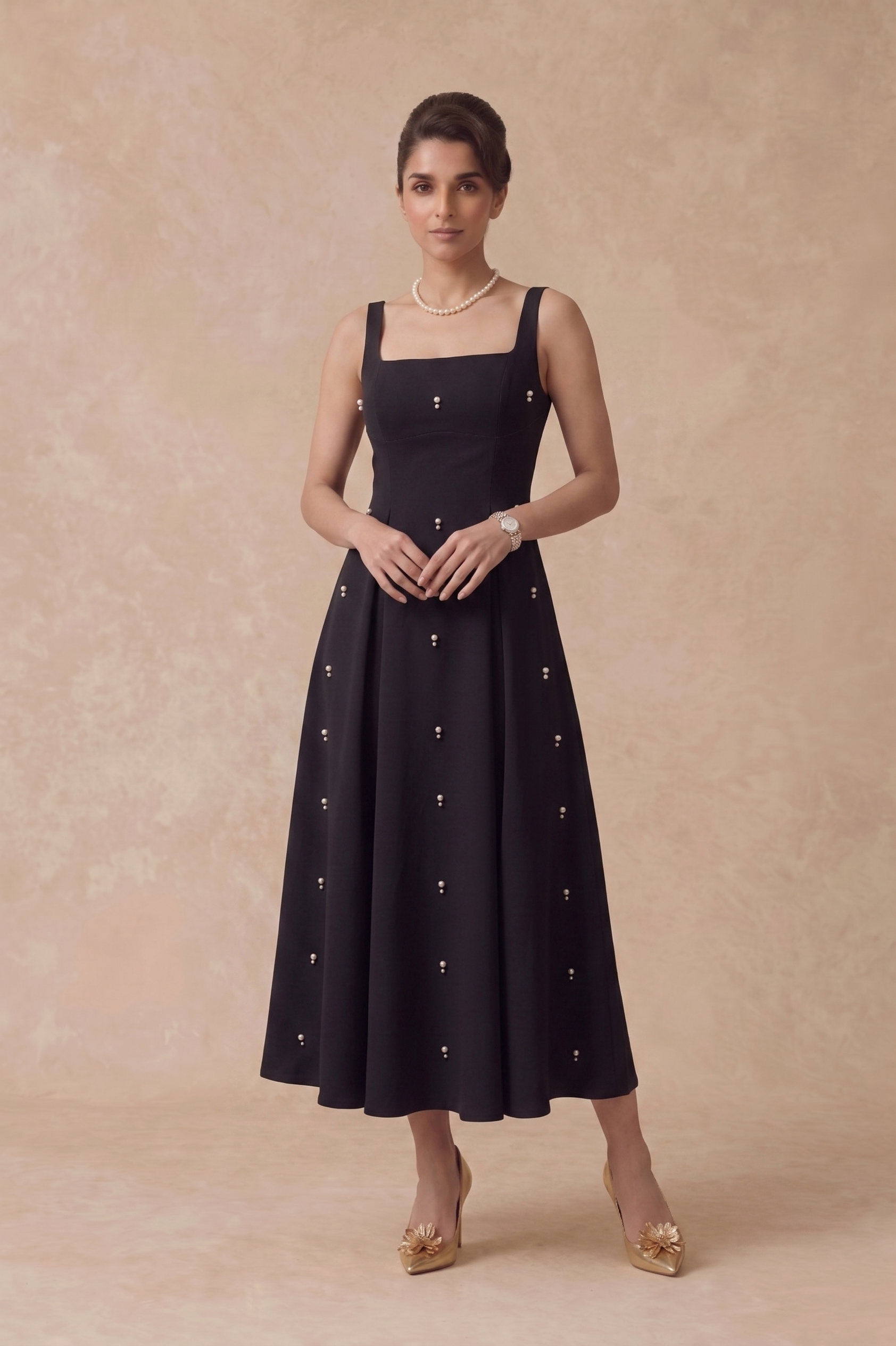 Pearl Blossom Embellished Dress – Black