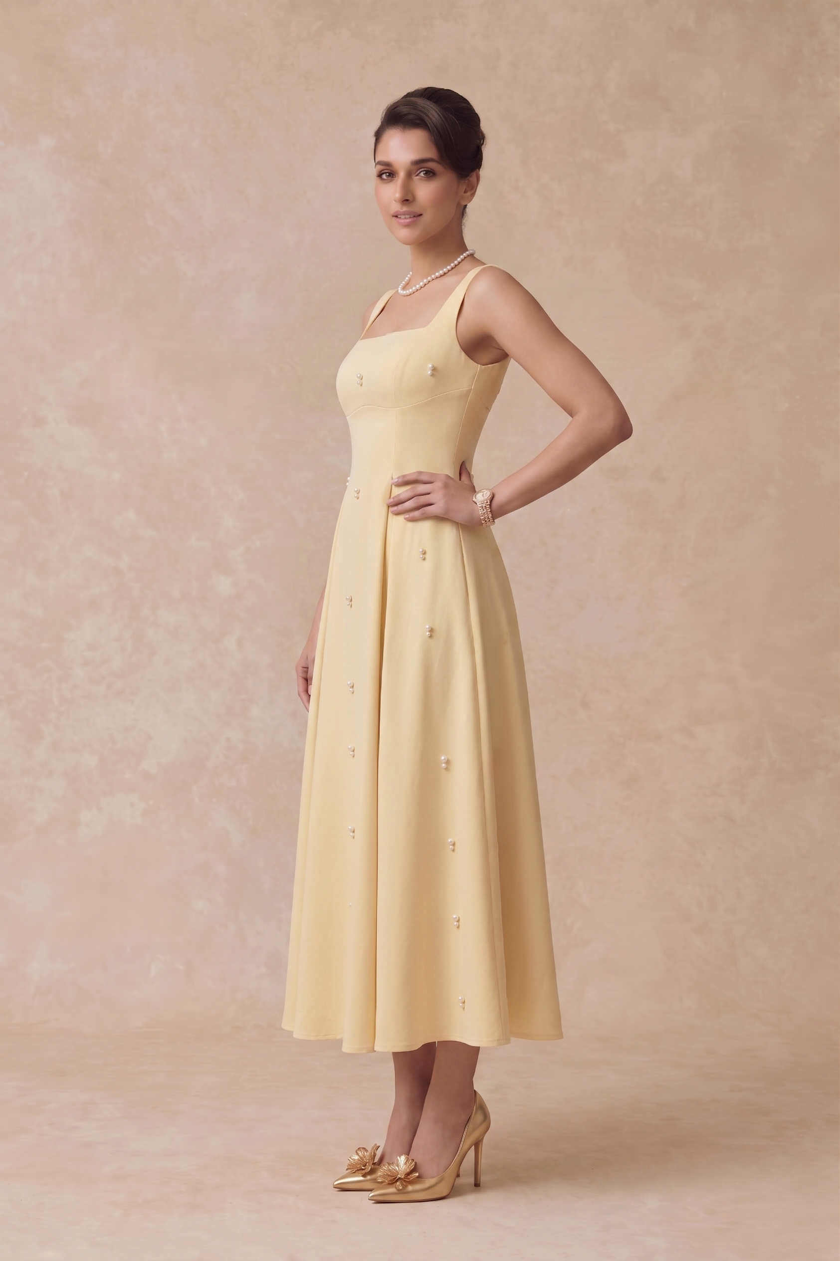 Pearl Blossom Embellished Dress – Baby Yellow
