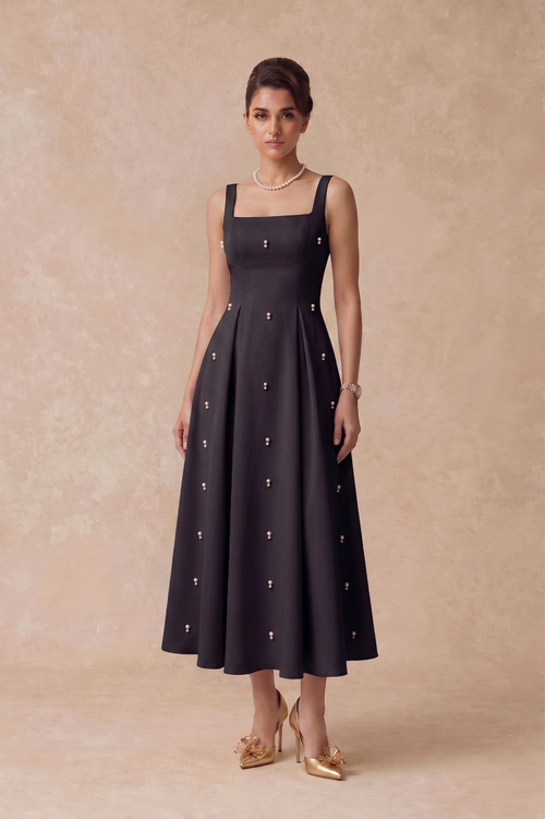 Pearl Blossom Embellished Dress – Black