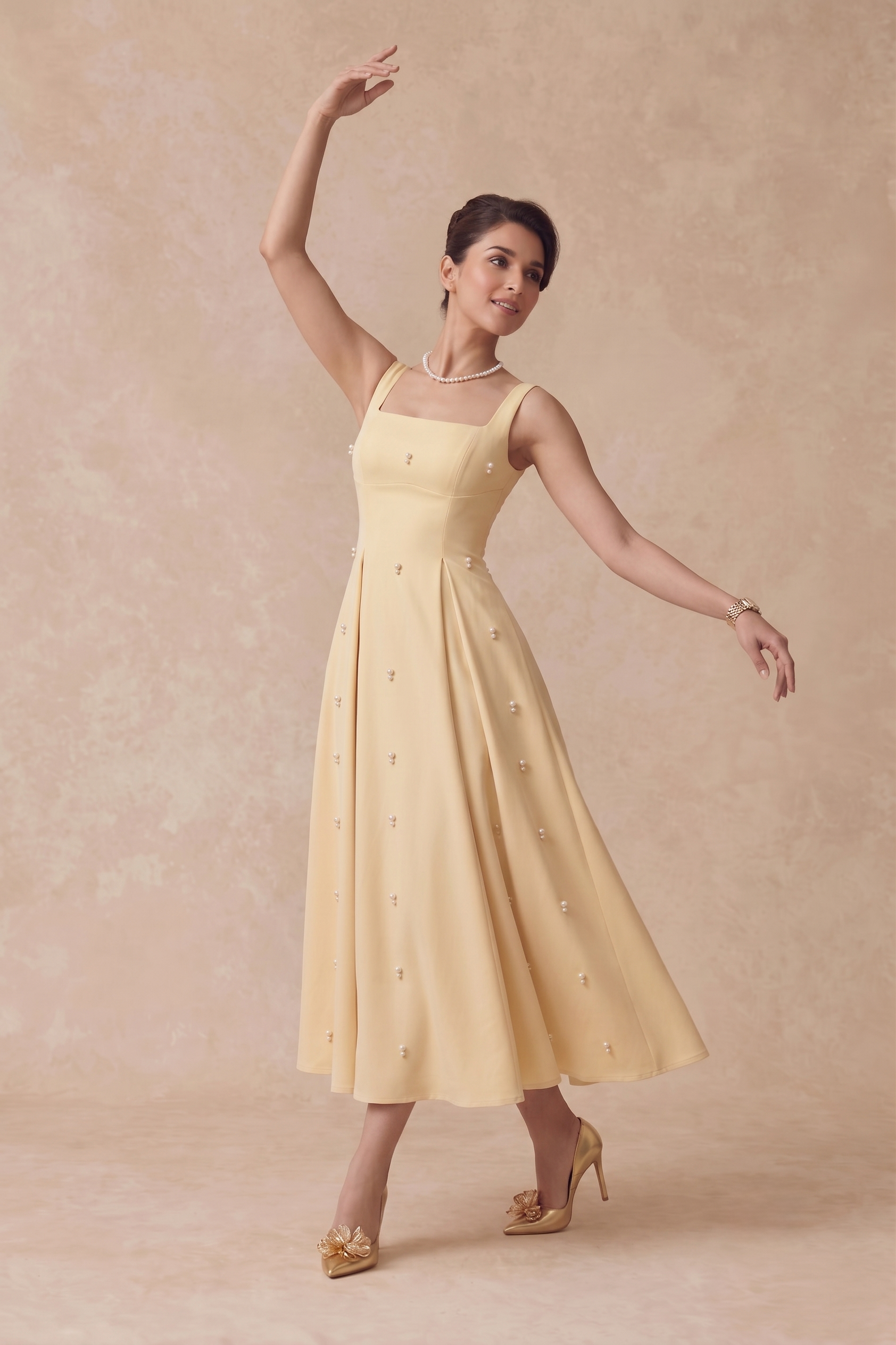 Pearl Blossom Embellished Dress – Baby Yellow