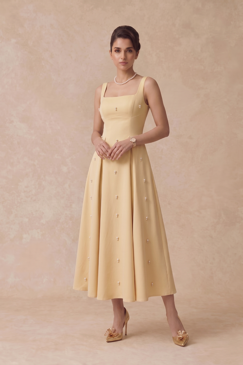 Pearl Blossom Embellished Dress – Baby Yellow