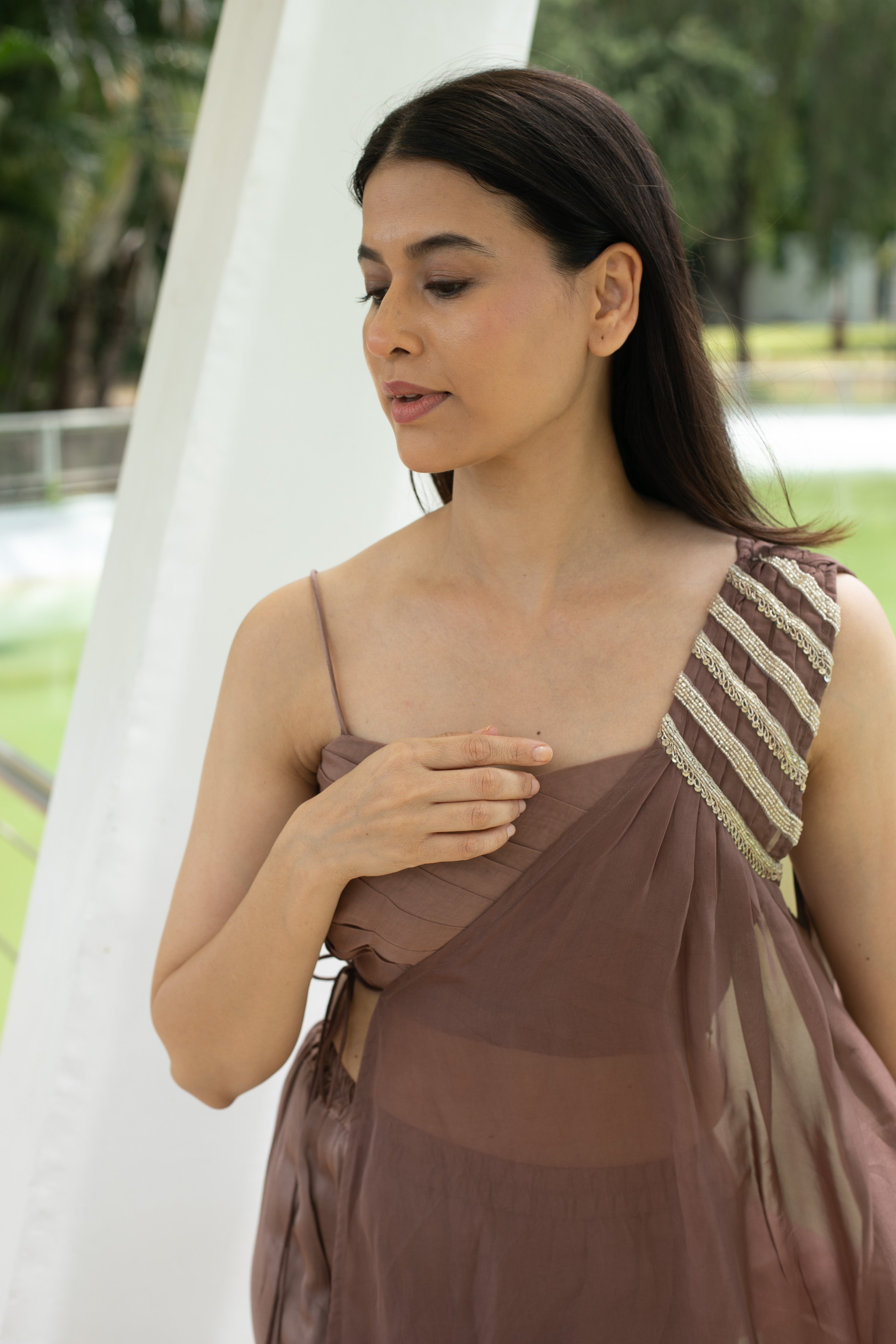 Mocha Glow brown jacket with blouse and top