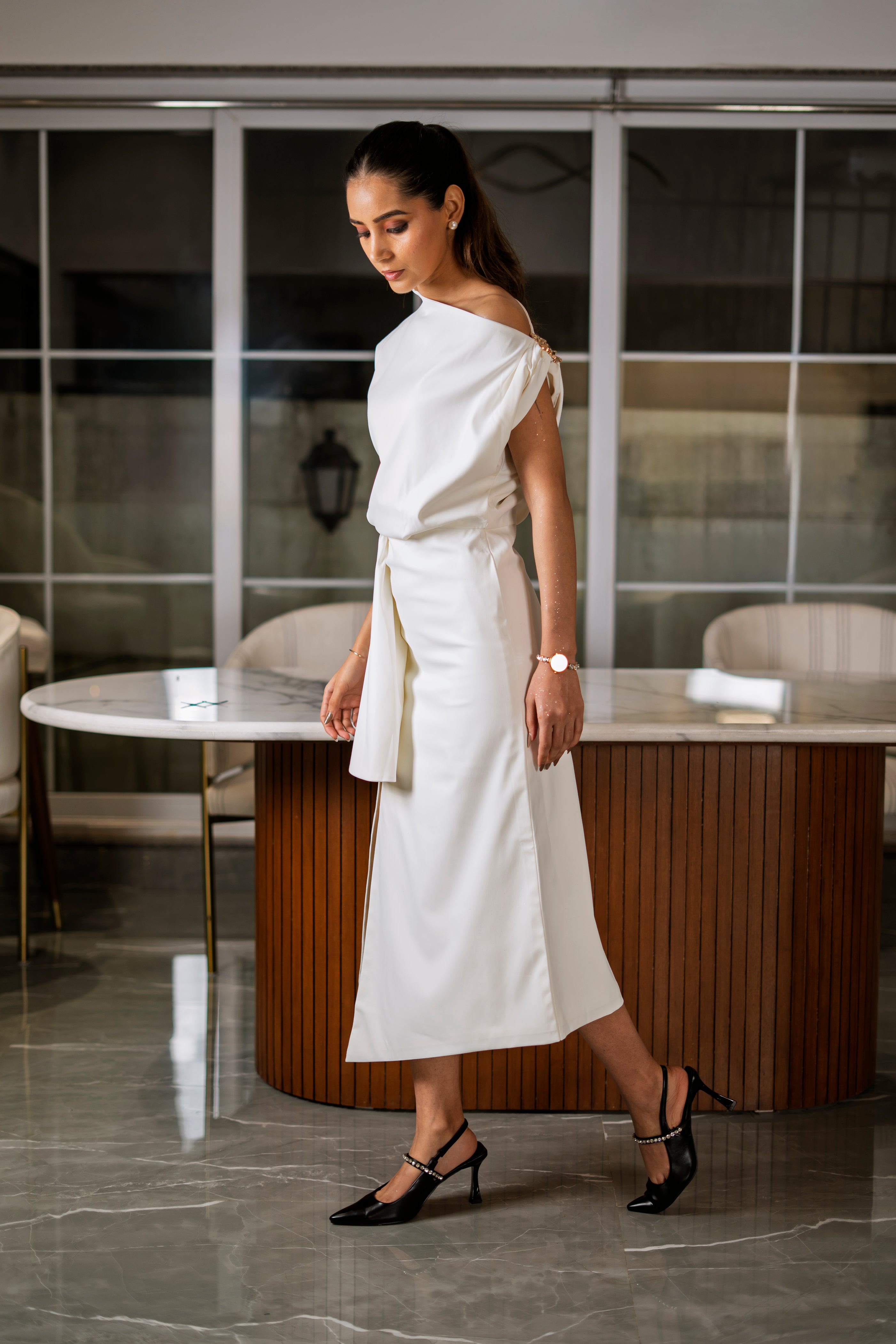 Ivory One-Shoulder Draped Midi Dress