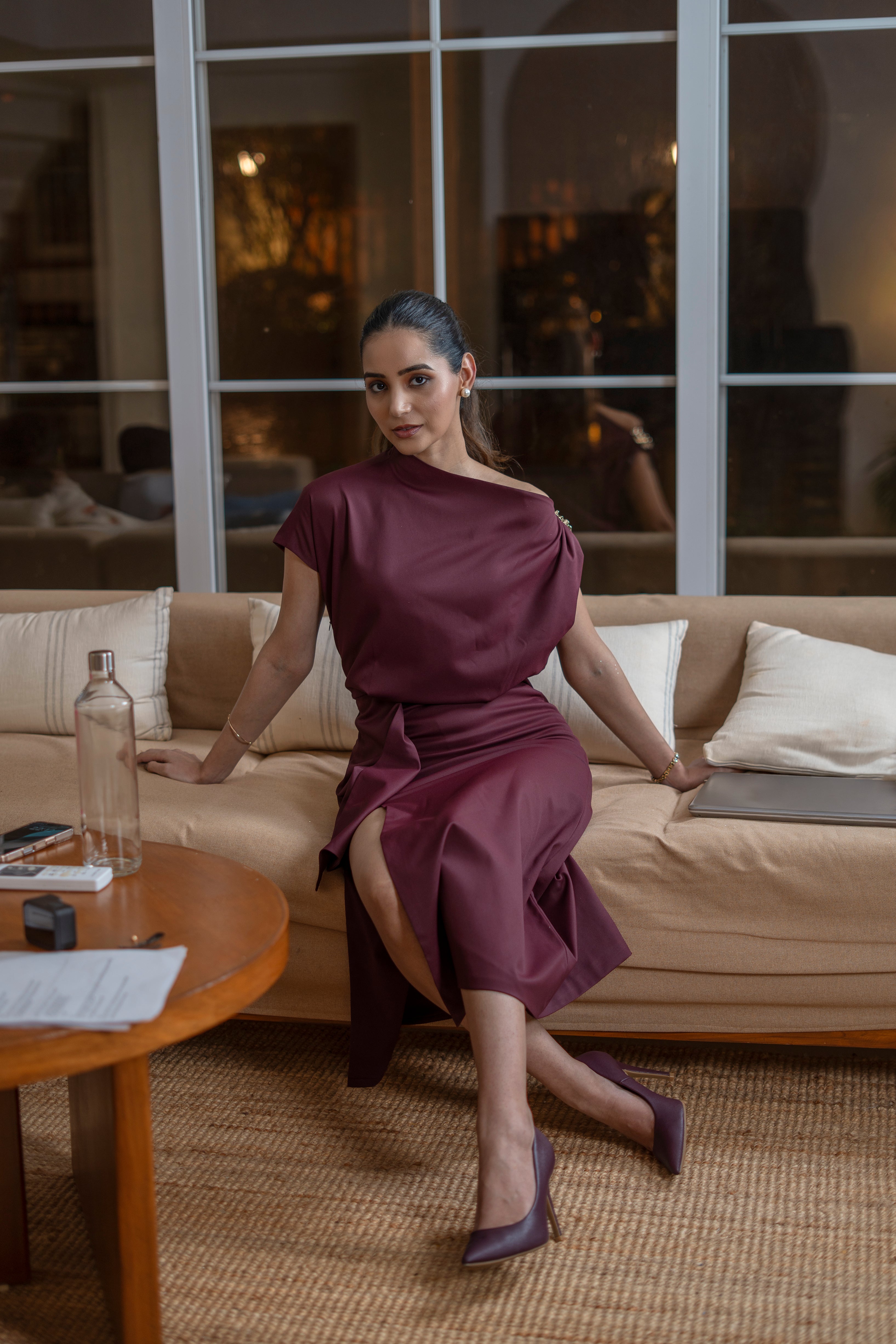 Wine One-Shoulder Draped Midi Dress