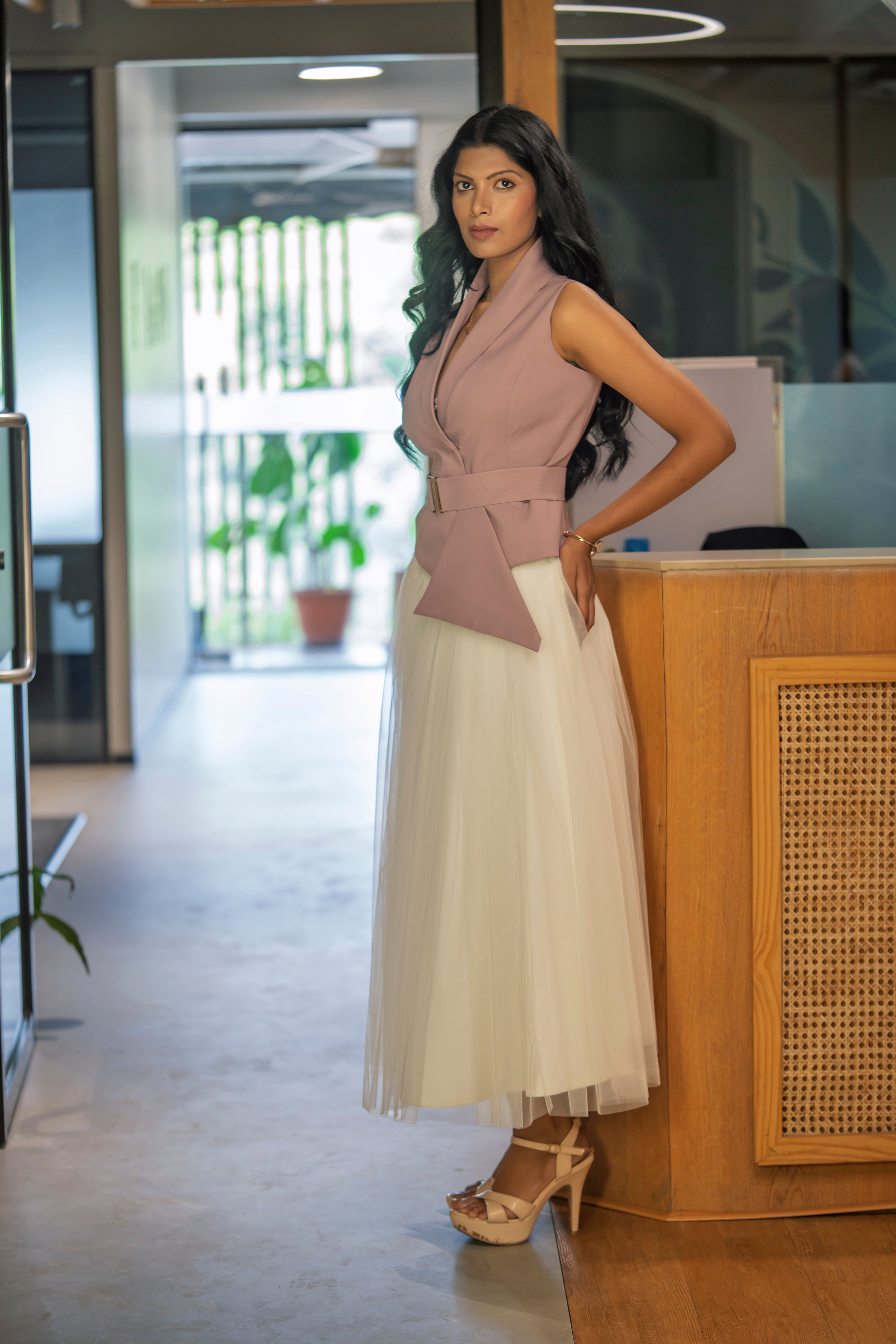 Ivory skirt & Salmon Pink waist coat - Chic Harmony