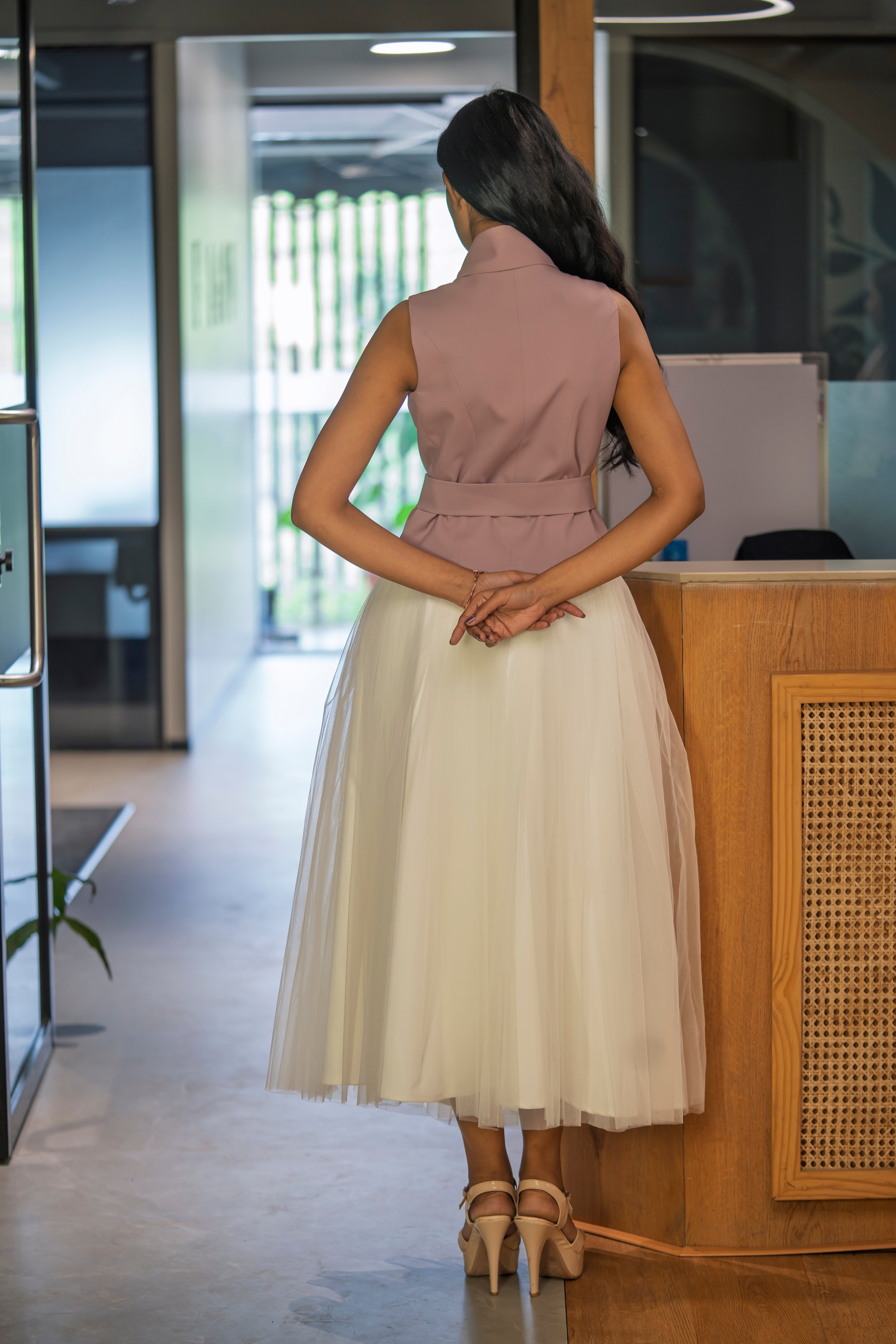 Ivory skirt & Salmon Pink waist coat - Chic Harmony