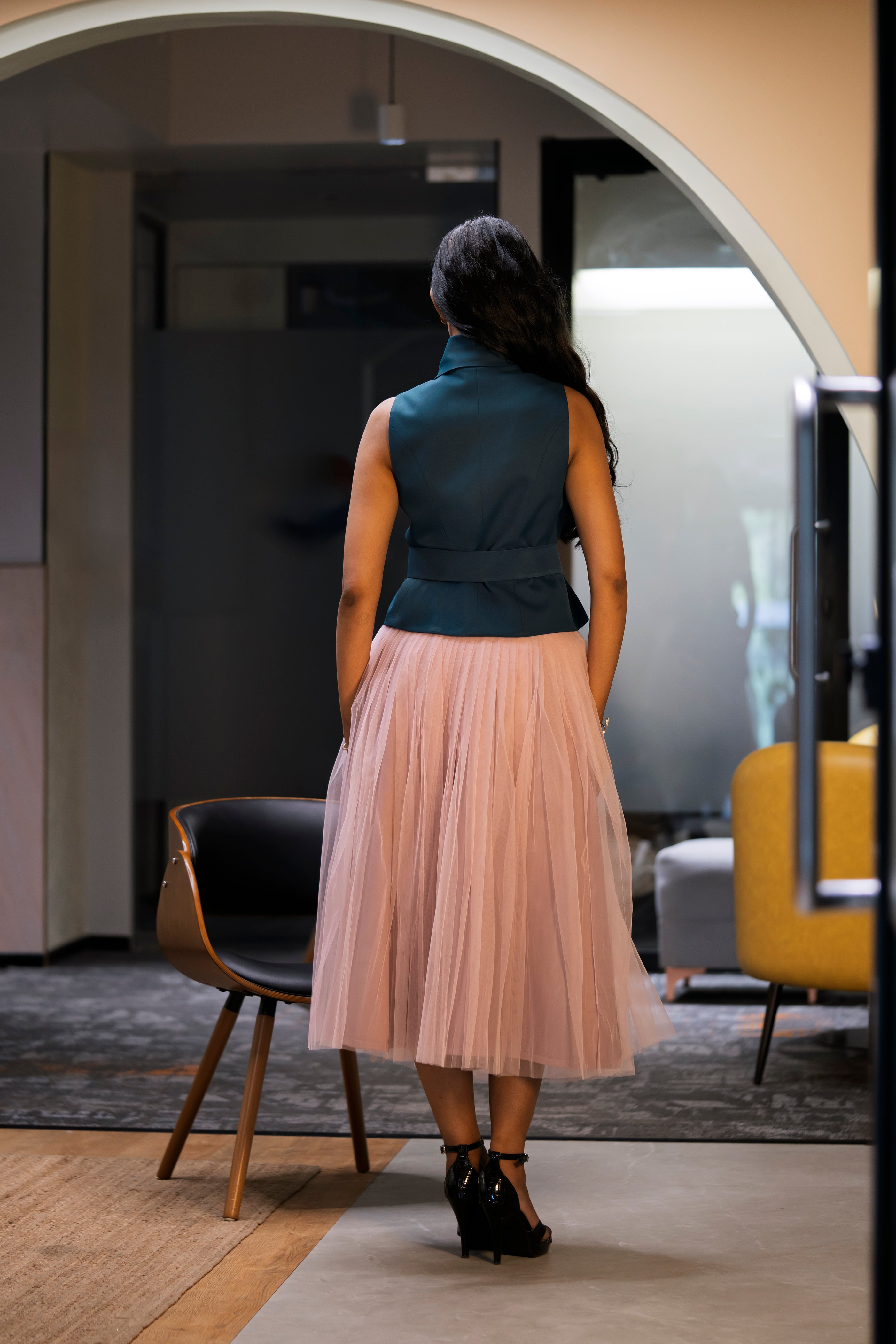 Salmon Pink skirt & Teal waist coat – A Striking Duo