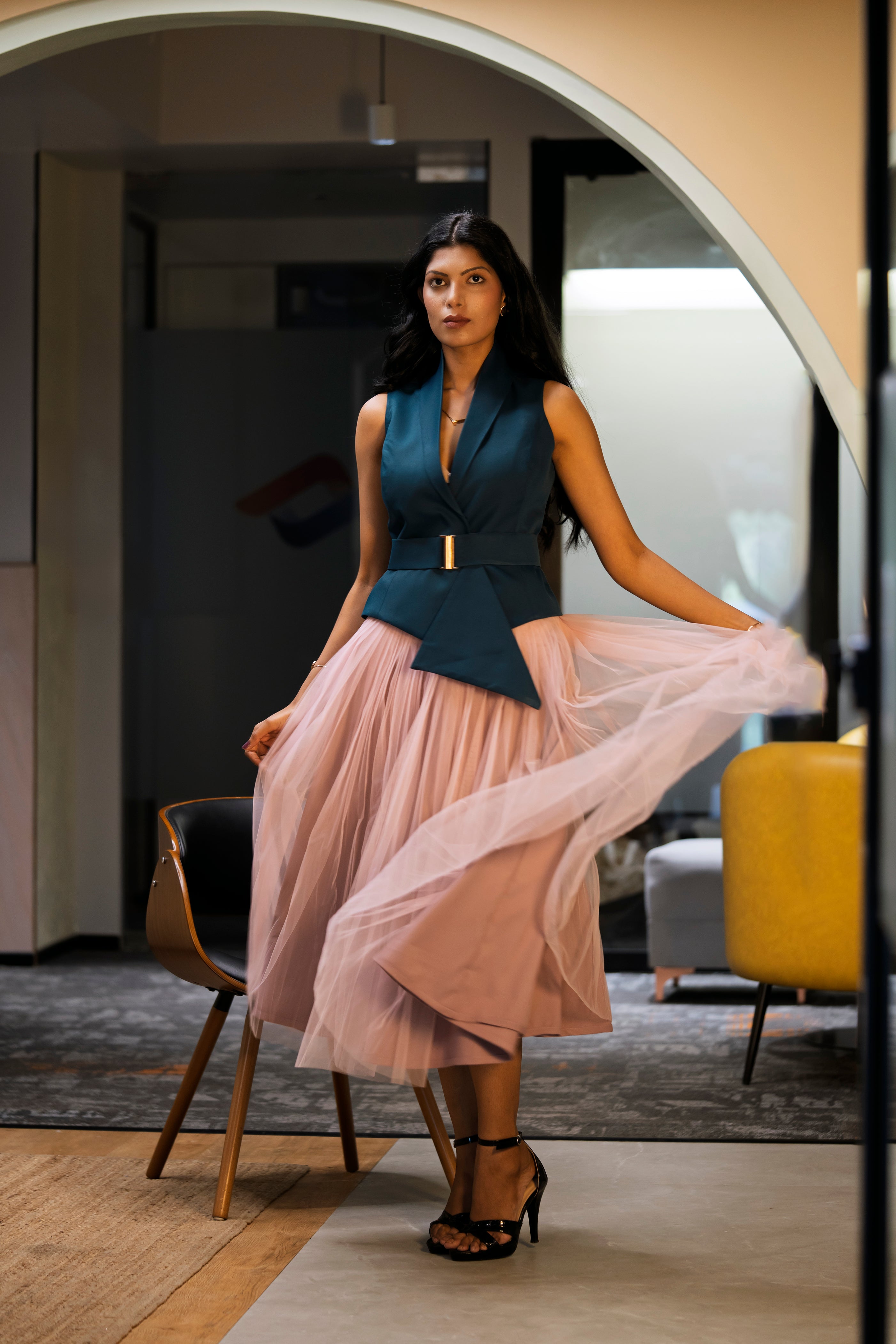 Salmon Pink skirt & Teal waist coat – A Striking Duo