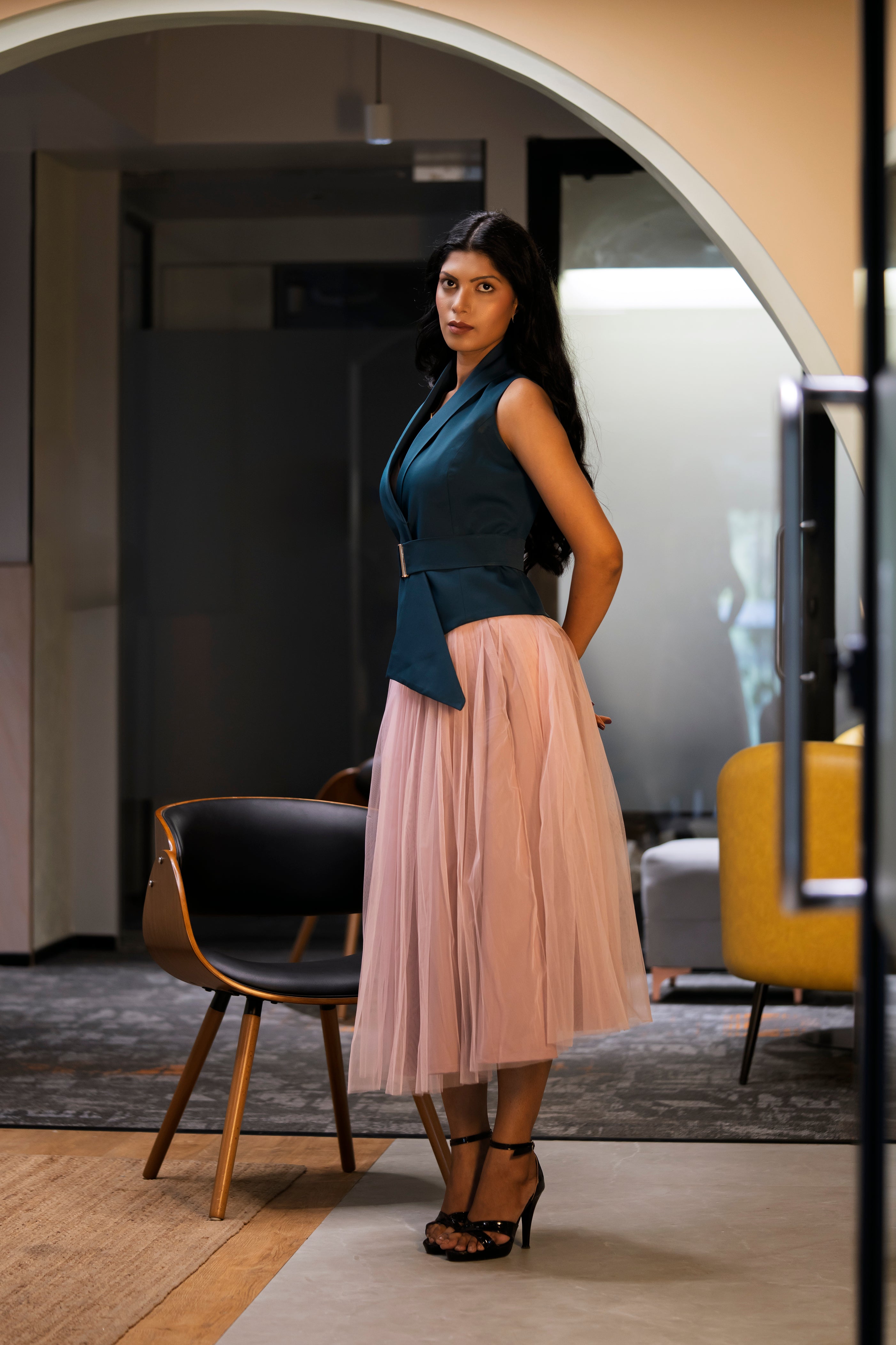 Salmon Pink skirt & Teal waist coat – A Striking Duo