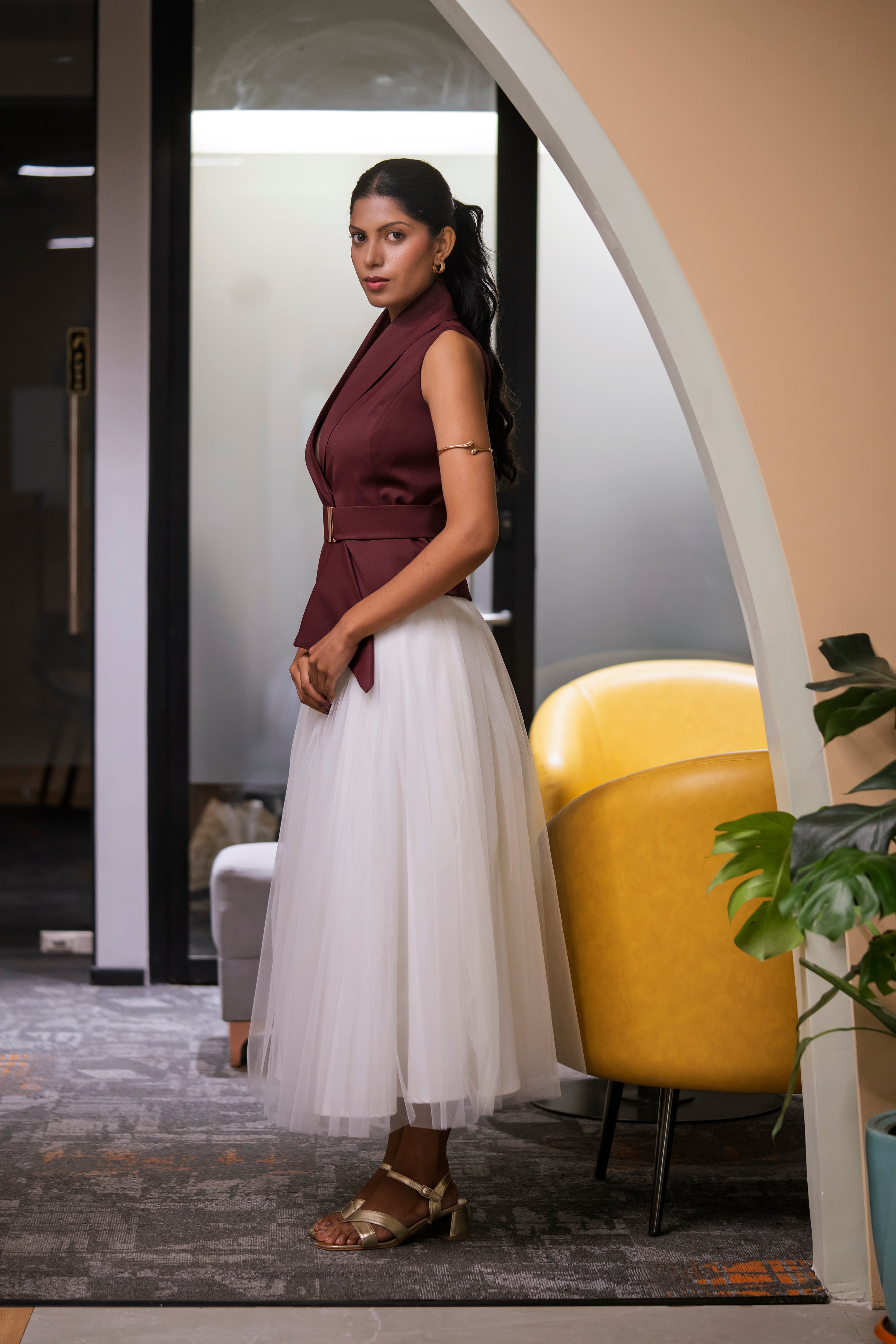 Ivory Skirt & Wine Waist coat – Classic Contrast