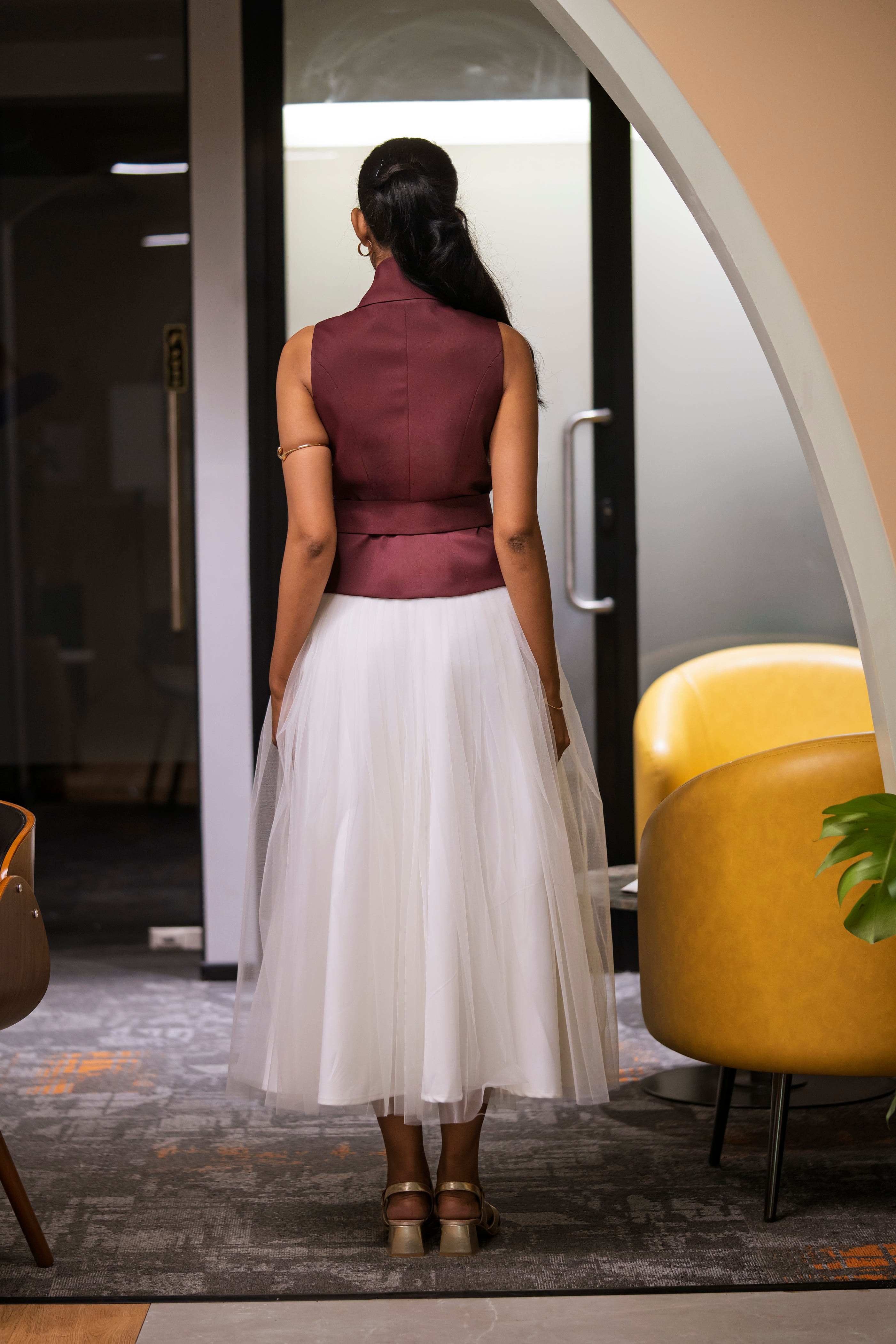 Ivory Skirt & Wine Waist coat – Classic Contrast