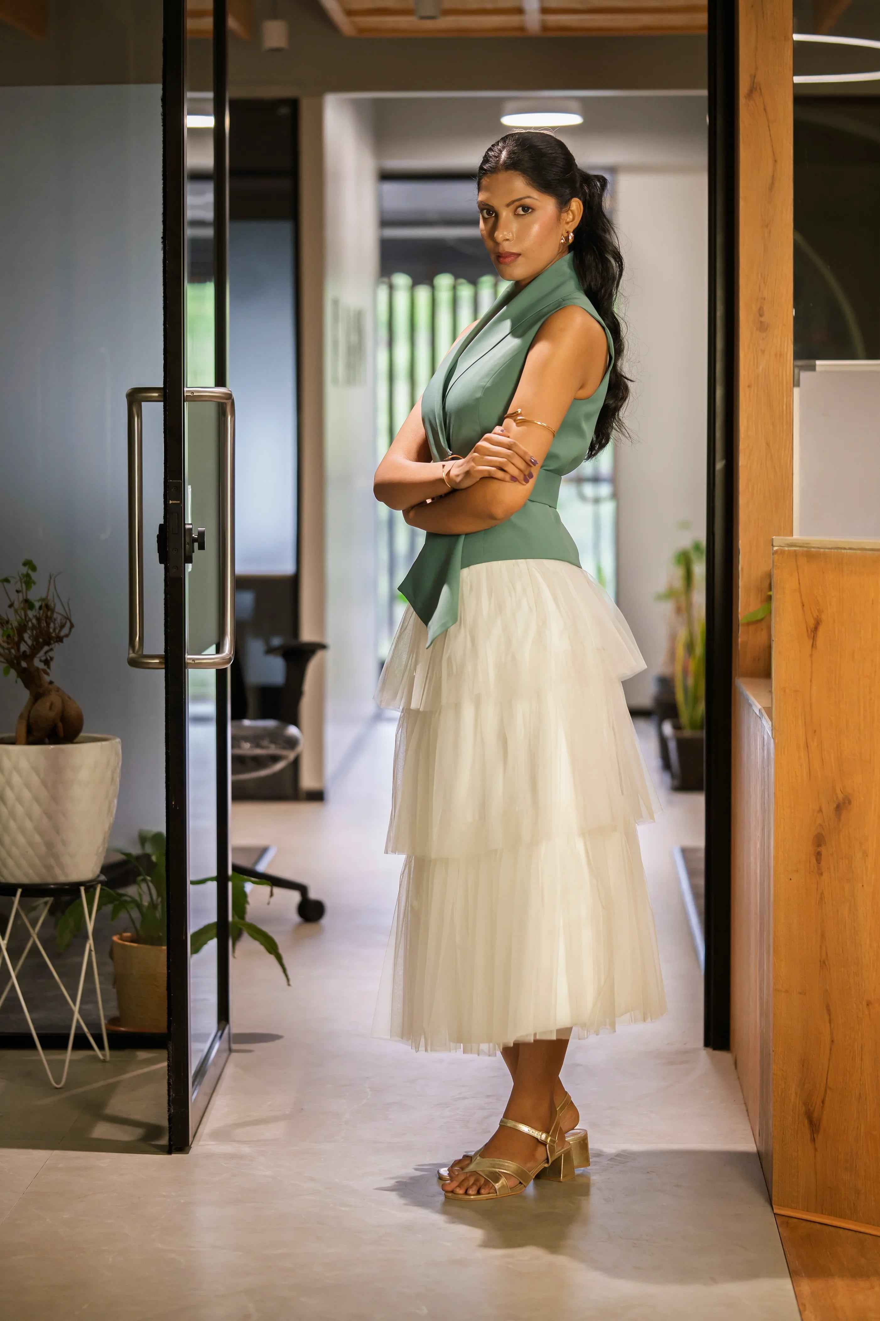 Ivory Layer Skirt & Sea-Green Waist Coat – Fresh Elegance